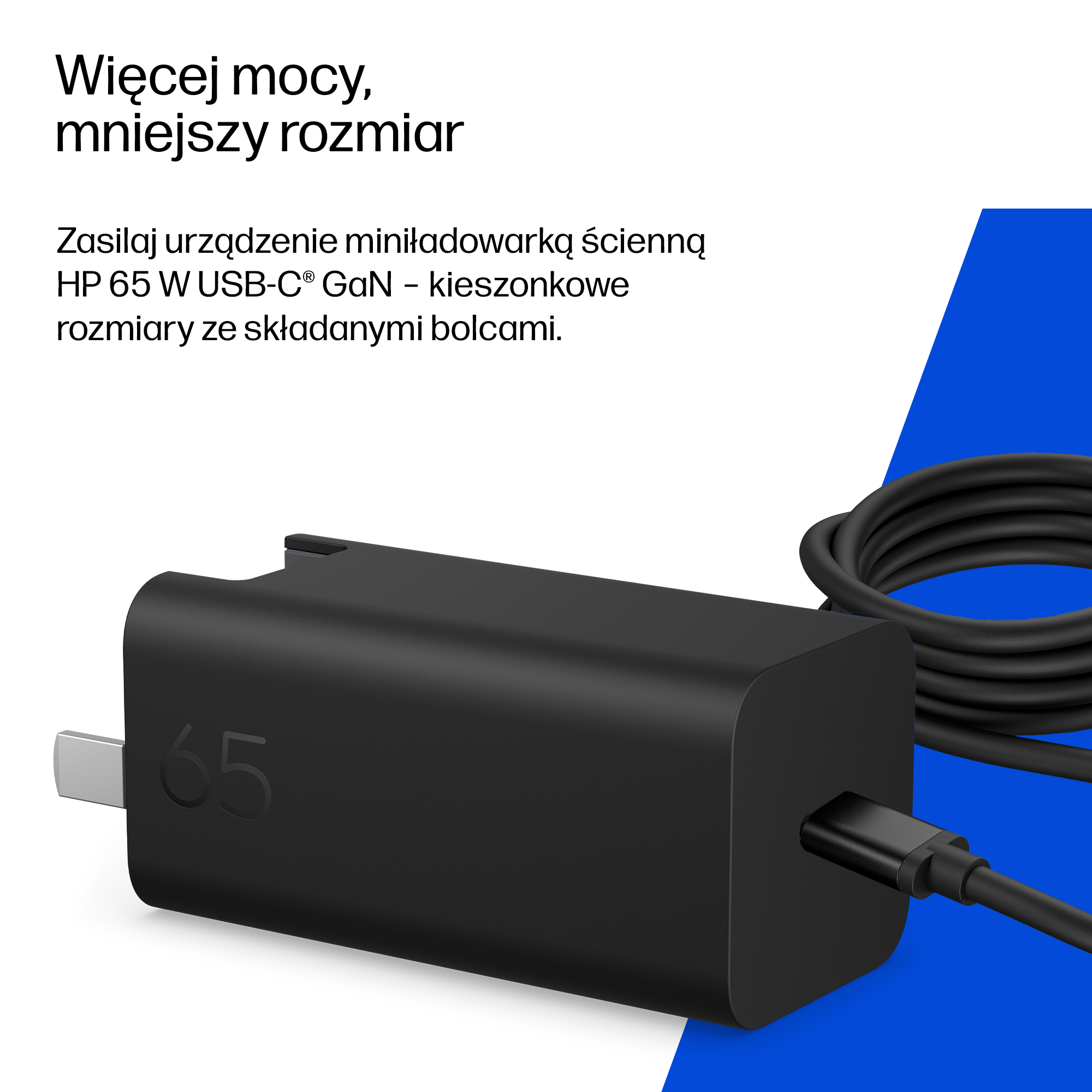Czarna ładowarka sieciowa HP 65W USB-C GaN z kablem na biało-niebieskim tle z polskim tekstem.