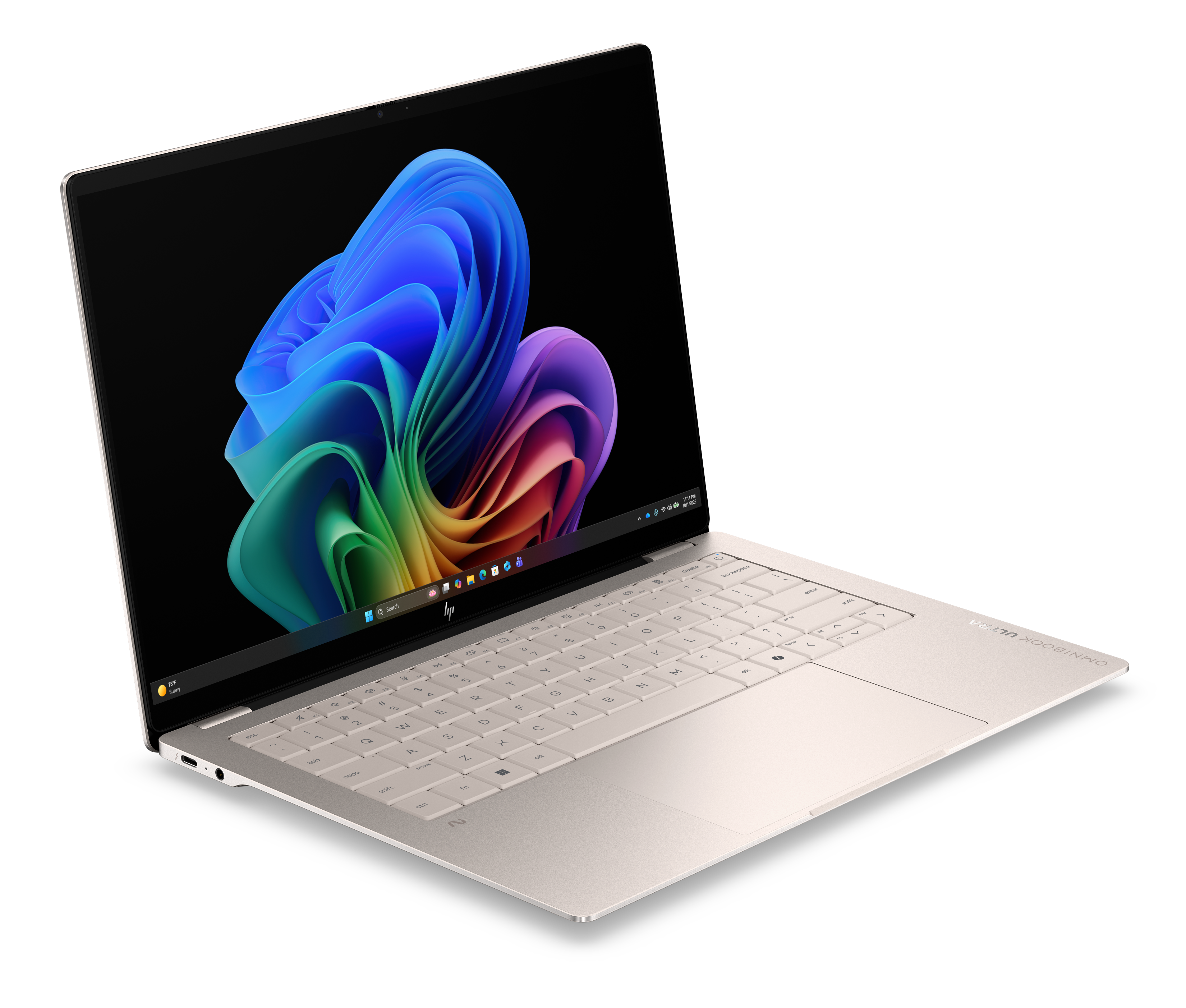 Srebrny laptop HP na czarnym tle, z kolorową, abstrakcyjną tapetą systemu Windows.
