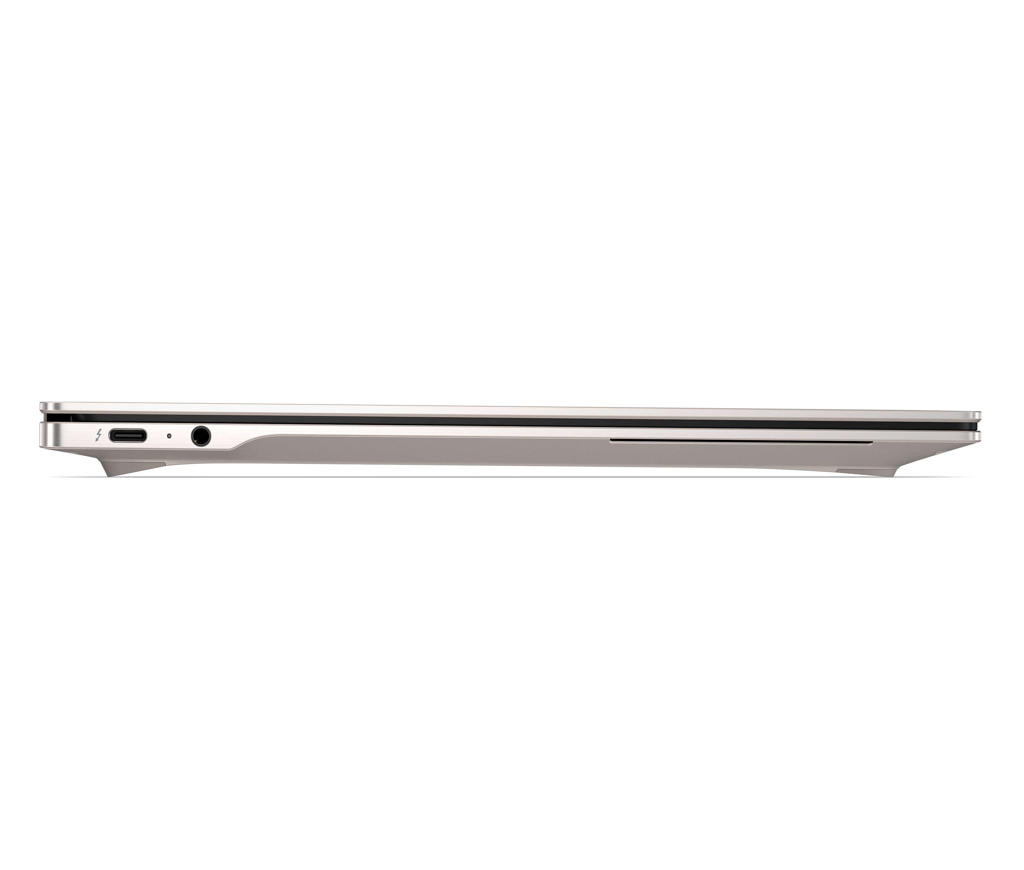 Widok z boku zamkniętego srebrnego laptopa z portem USB-C i gniazdem słuchawkowym na czarnym tle.