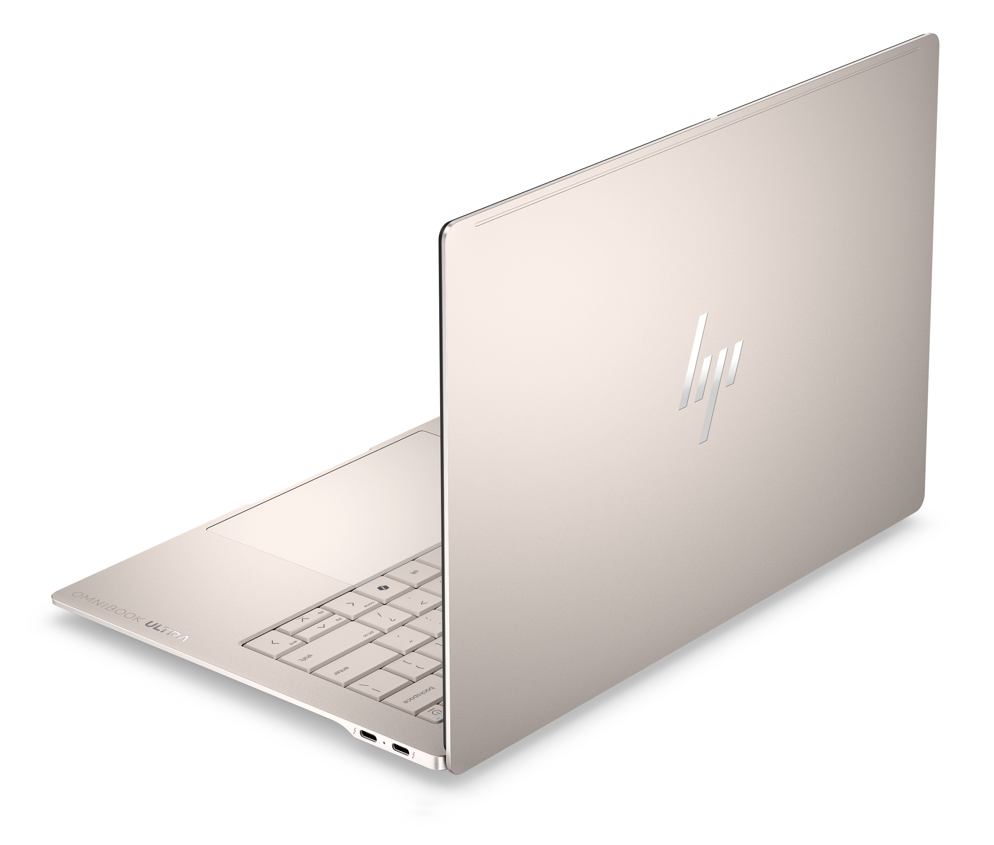 Srebrny laptop HP Omnibook Ultra stoi lekko otwarty na czarnym tle.