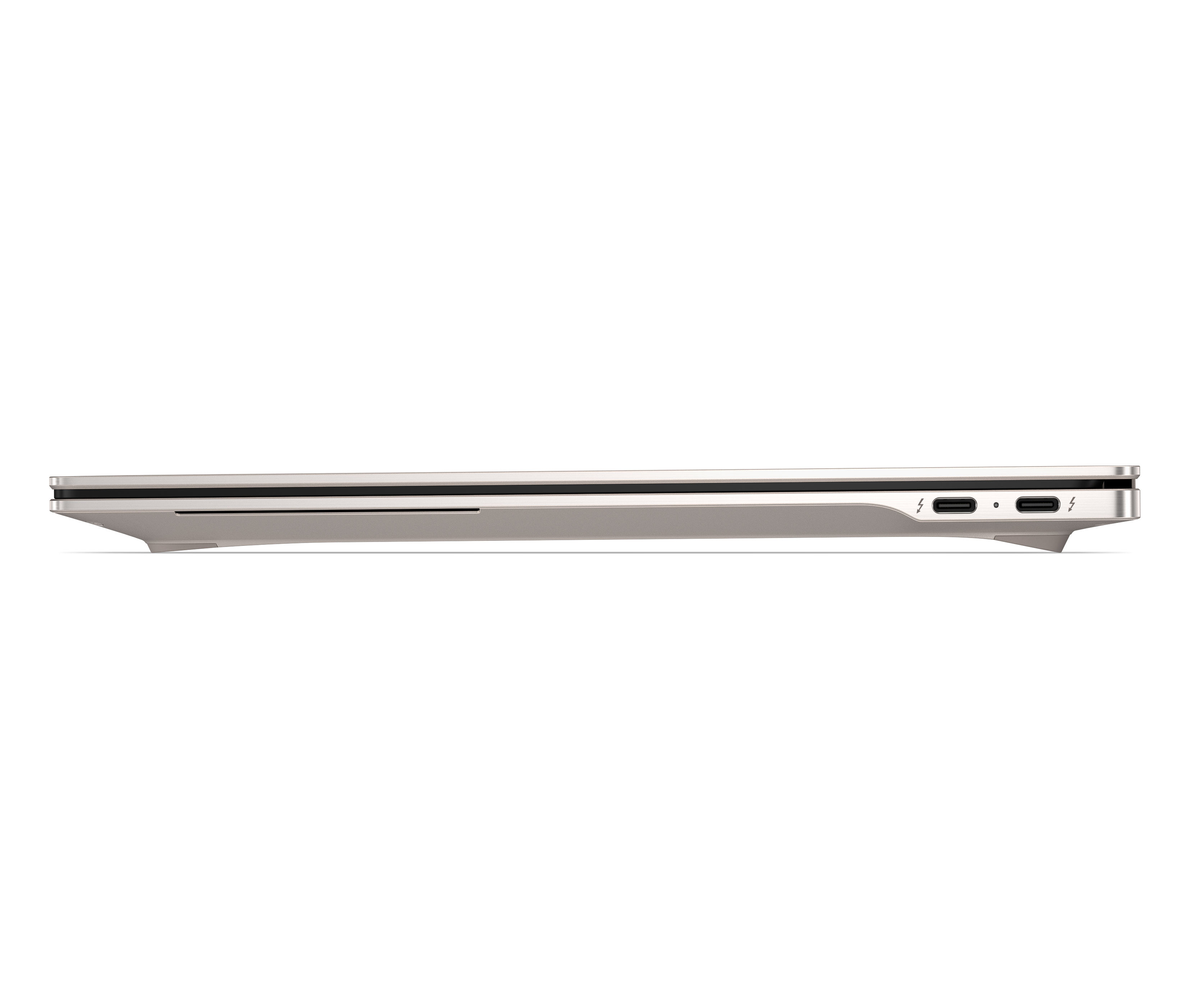 Widok z boku zamkniętego srebrnego laptopa z dwoma portami USB-C na czarnym tle.