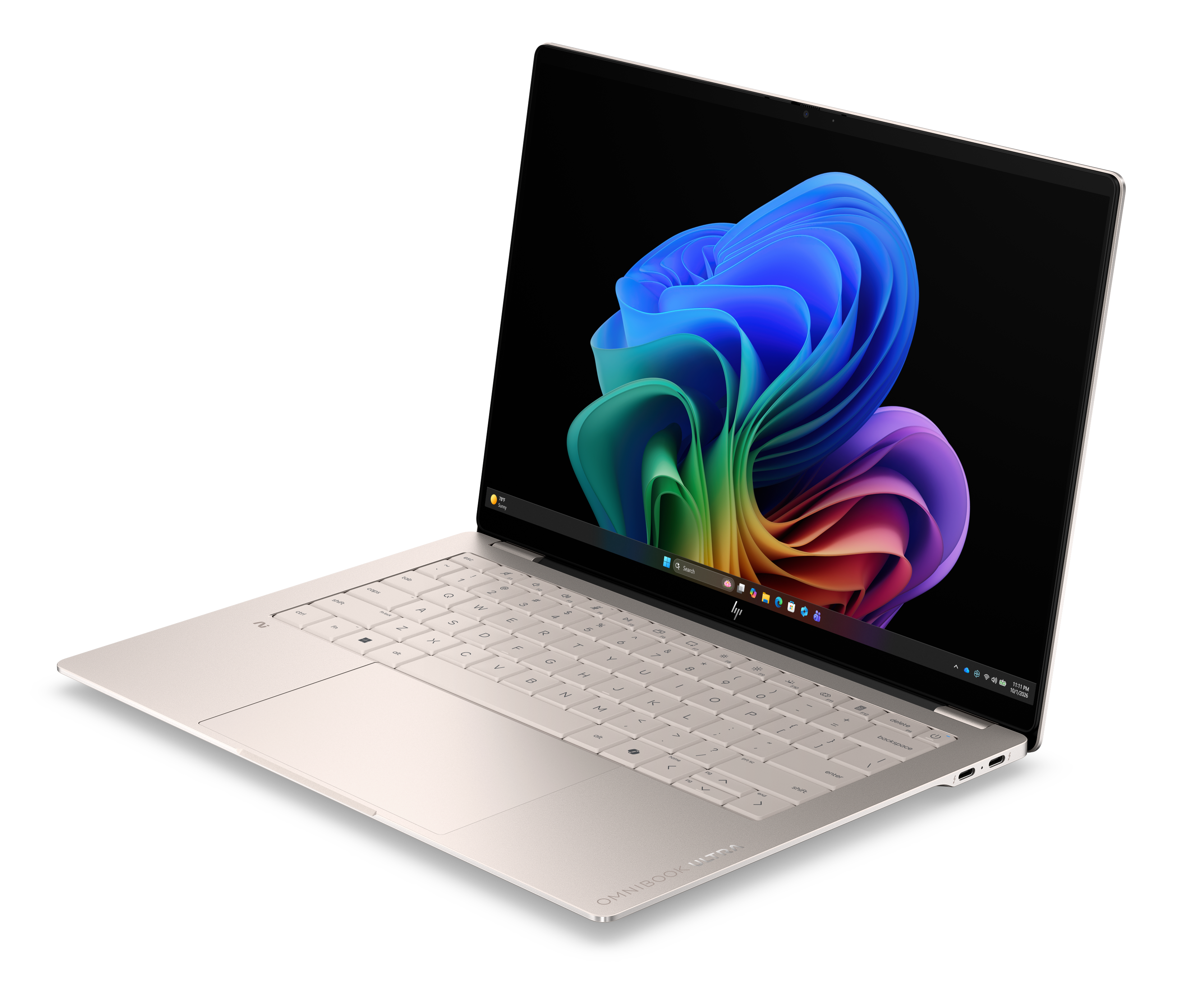 Srebrny laptop HP Omnibook Ultra na czarnym tle z kolorową, abstrakcyjną tapetą systemu Windows.