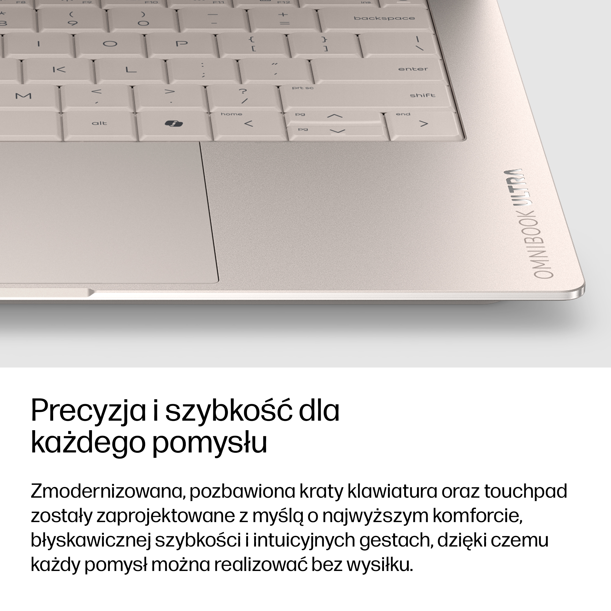 Zblizenie jasnej klawiatury laptopa, touchpada i logo OmniBook Ultra.