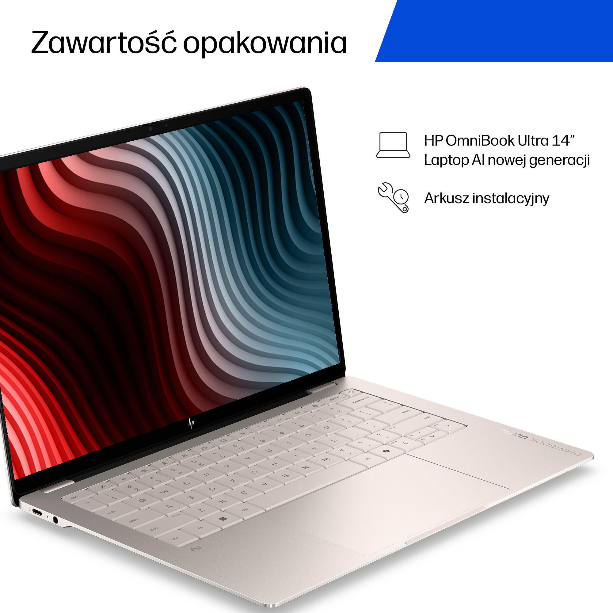 Laptop HP OmniBook Ultra 14 cali z instrukcją instalacji na tle falistych linii.