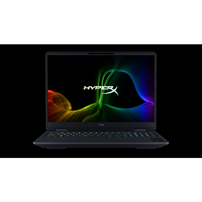 Czarny laptop z kolorową abstrakcyjną tapetą i podświetlaną klawiaturą.