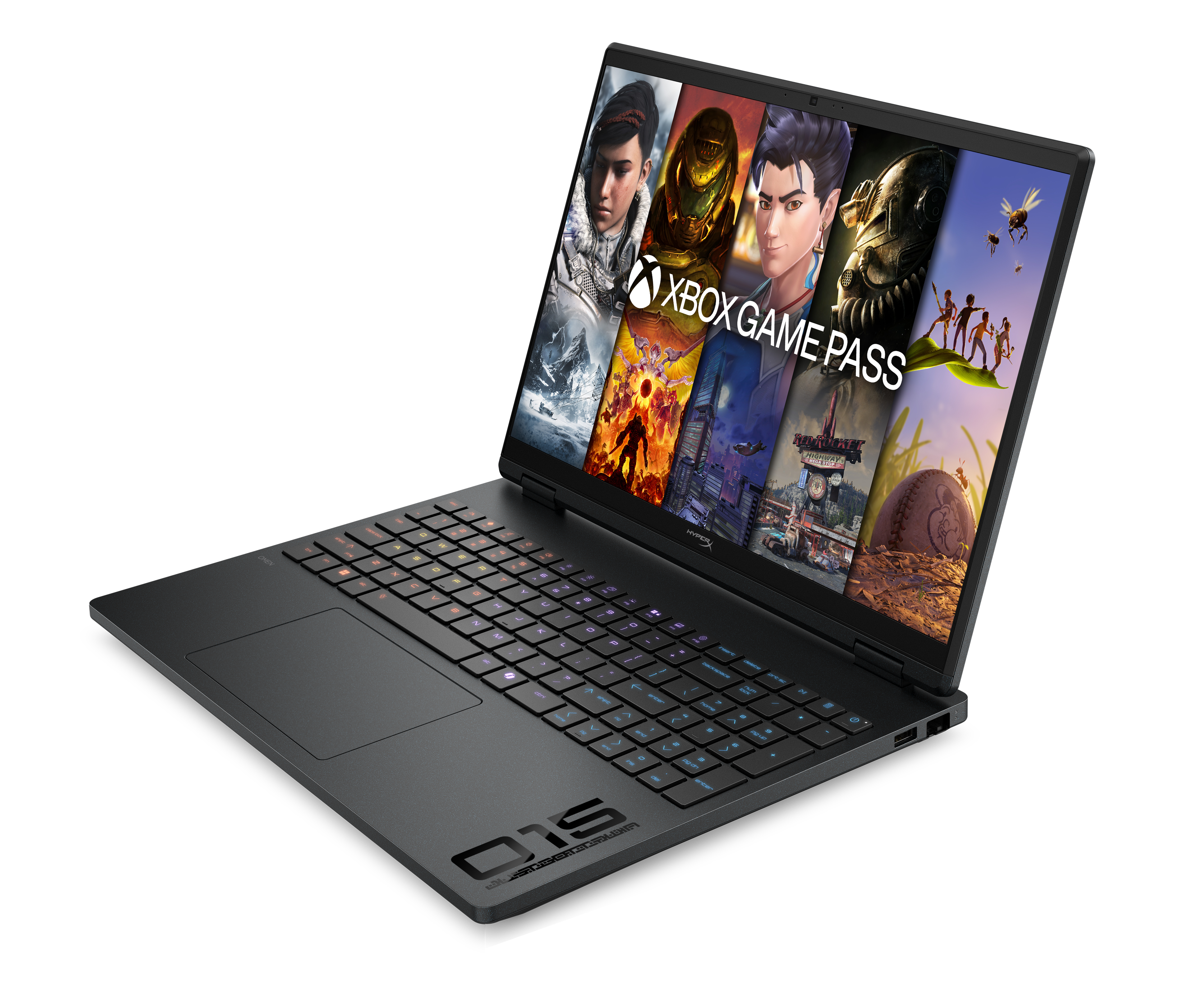 Czarny laptop z otwartym ekranem przedstawiającym Xbox Game Pass i kolorowe sceny z gier.