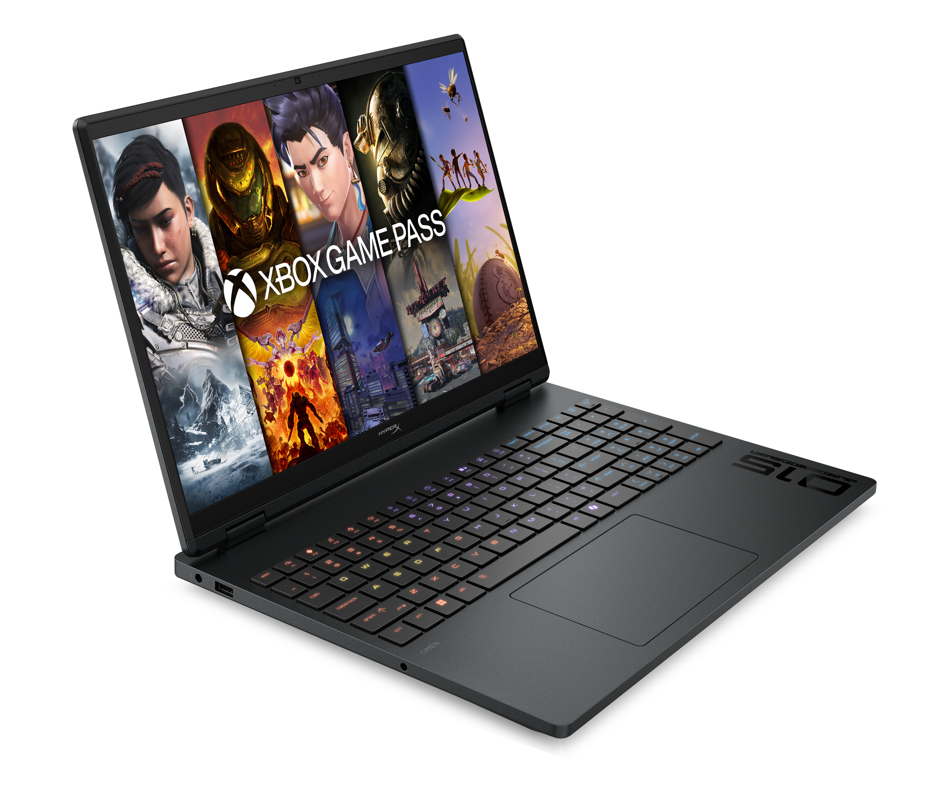 Czarny laptop wyświetla Xbox Game Pass na ekranie i posiada podświetlaną klawiaturę.