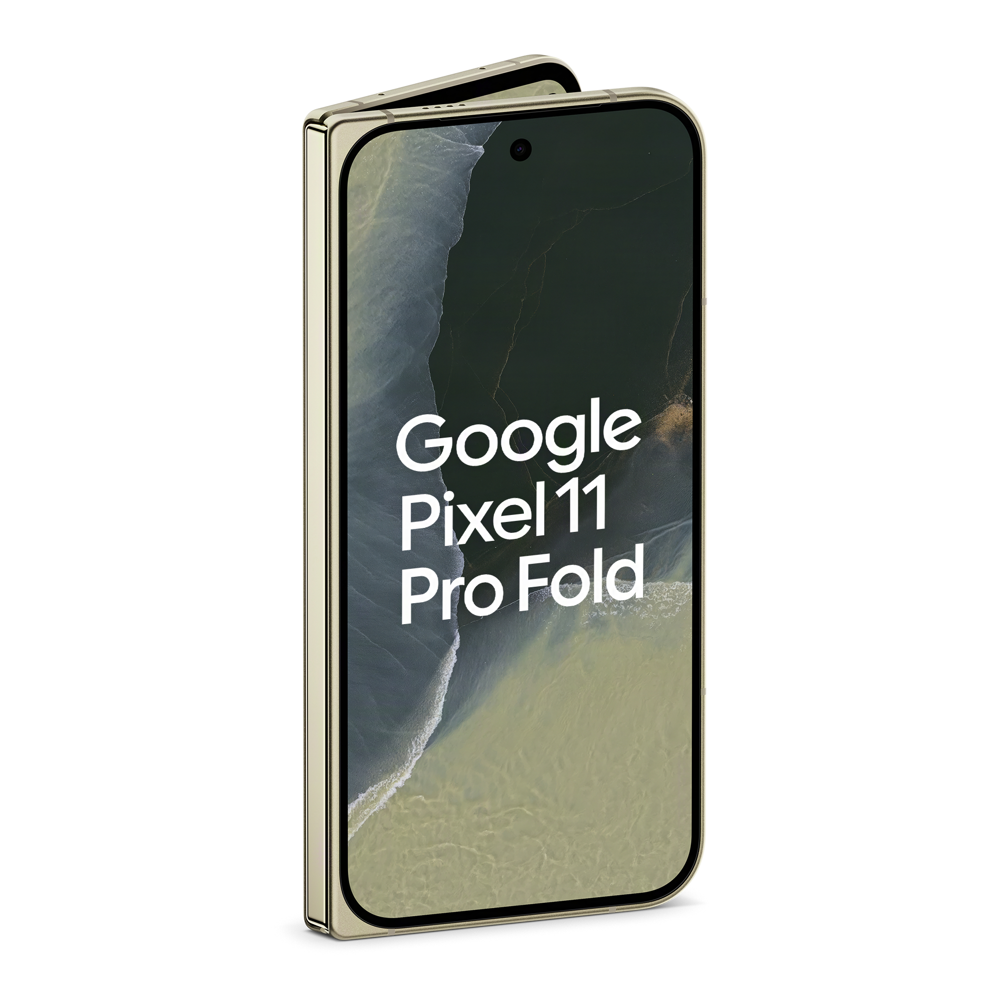 Goldenes faltbares Smartphone mit Bildschirm und Google Pixel 11 Pro Fold Text.