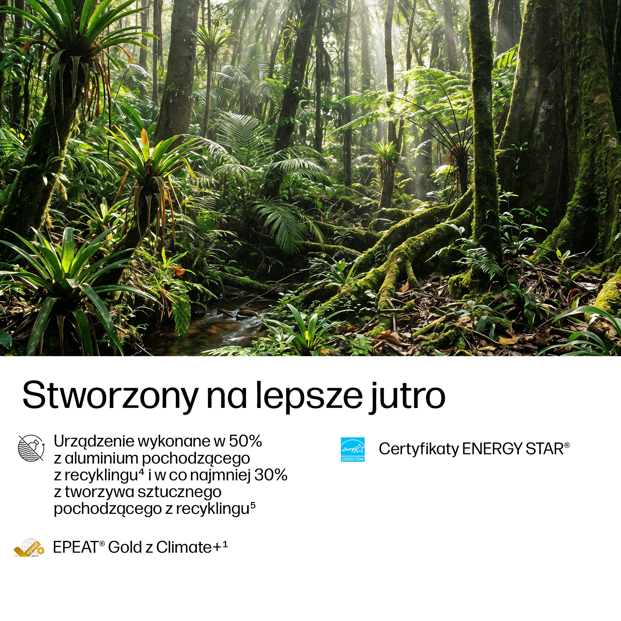 Bujna dżungla ze strumykiem i tekst o recyklingu i certyfikatach.