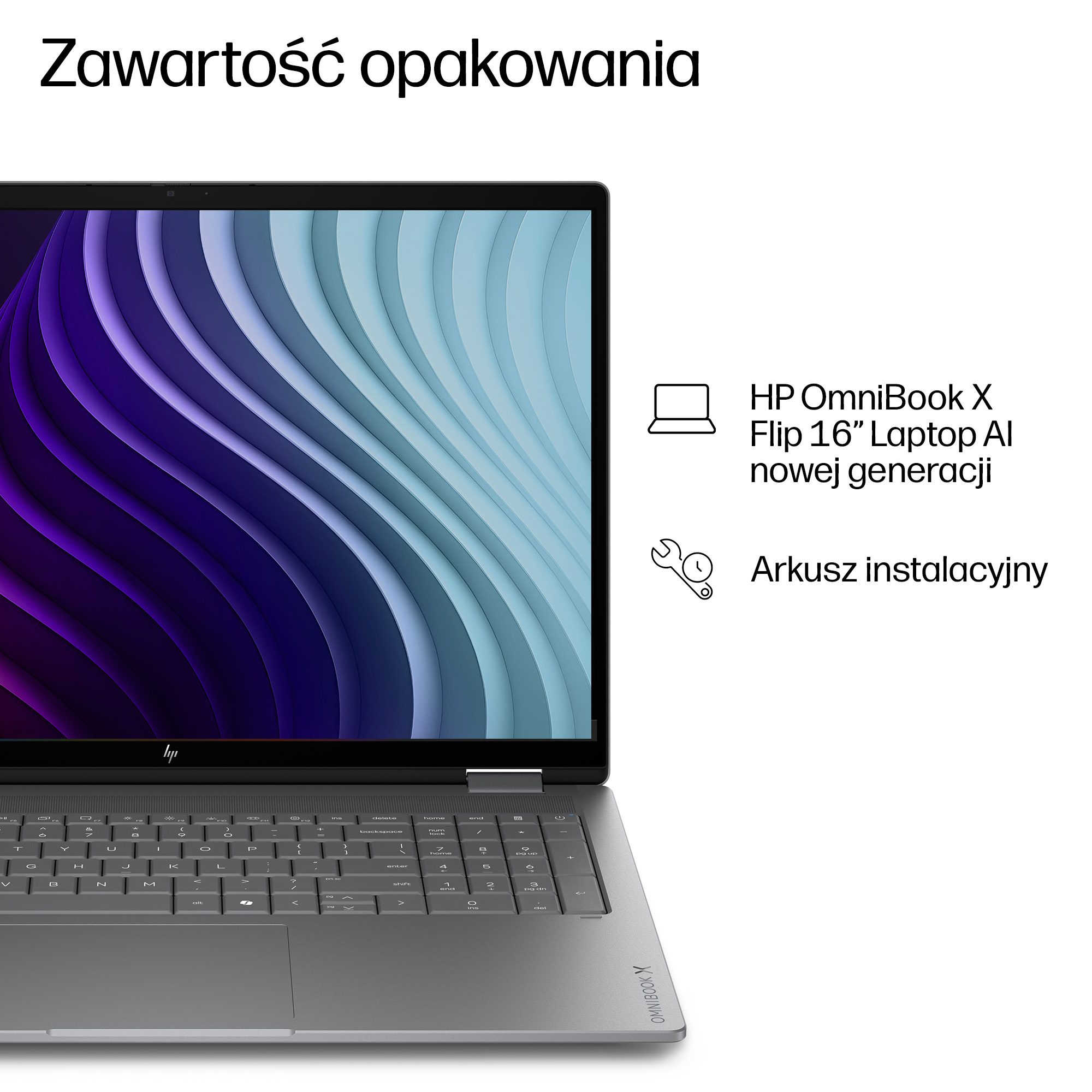 Laptop HP OmniBook X Flip 16 cali i arkusz instalacyjny.