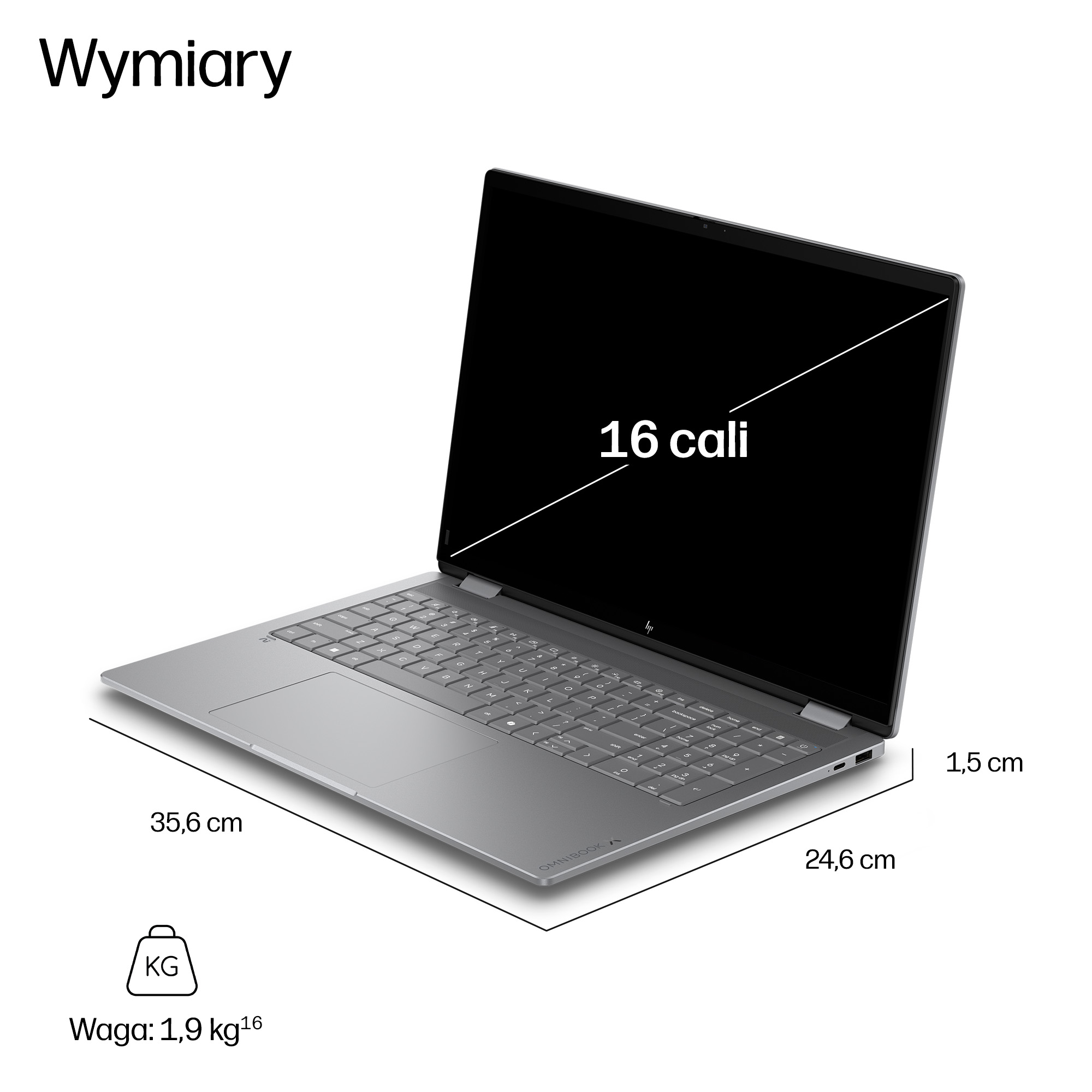 Szary laptop OmniBook o wymiarach 35,6x24,6x1,5 cm, ekranie 16 cali i wadze 1,9 kg.