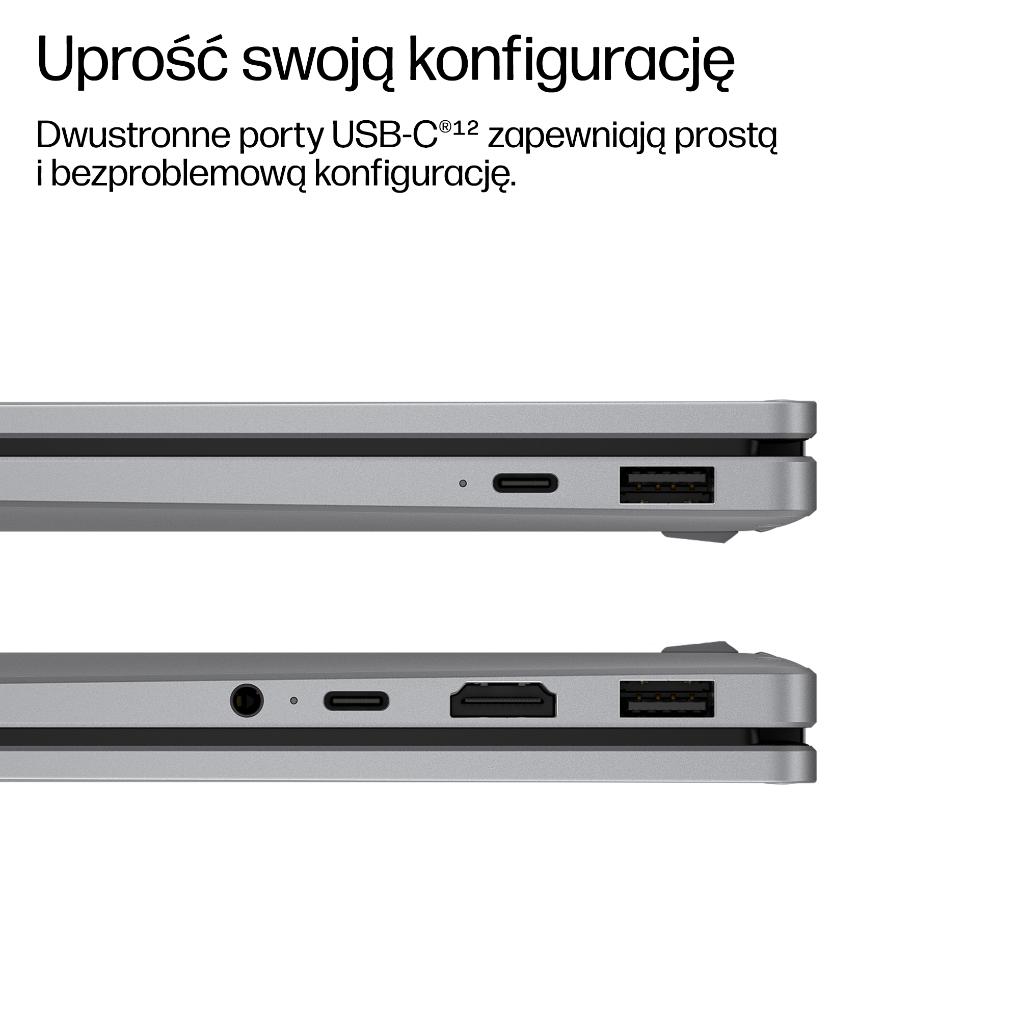 Widok z boku laptopa przedstawiający różne porty, w tym USB-C i USB-A.
