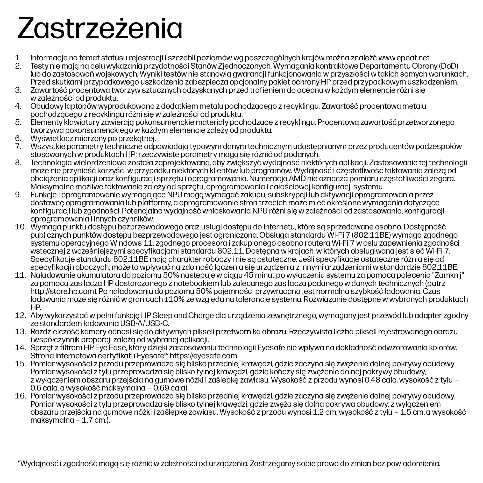 Dokument zatytułowany Zastrzeżenia zawierający 16 ponumerowanych akapitów tekstu w języku polskim.