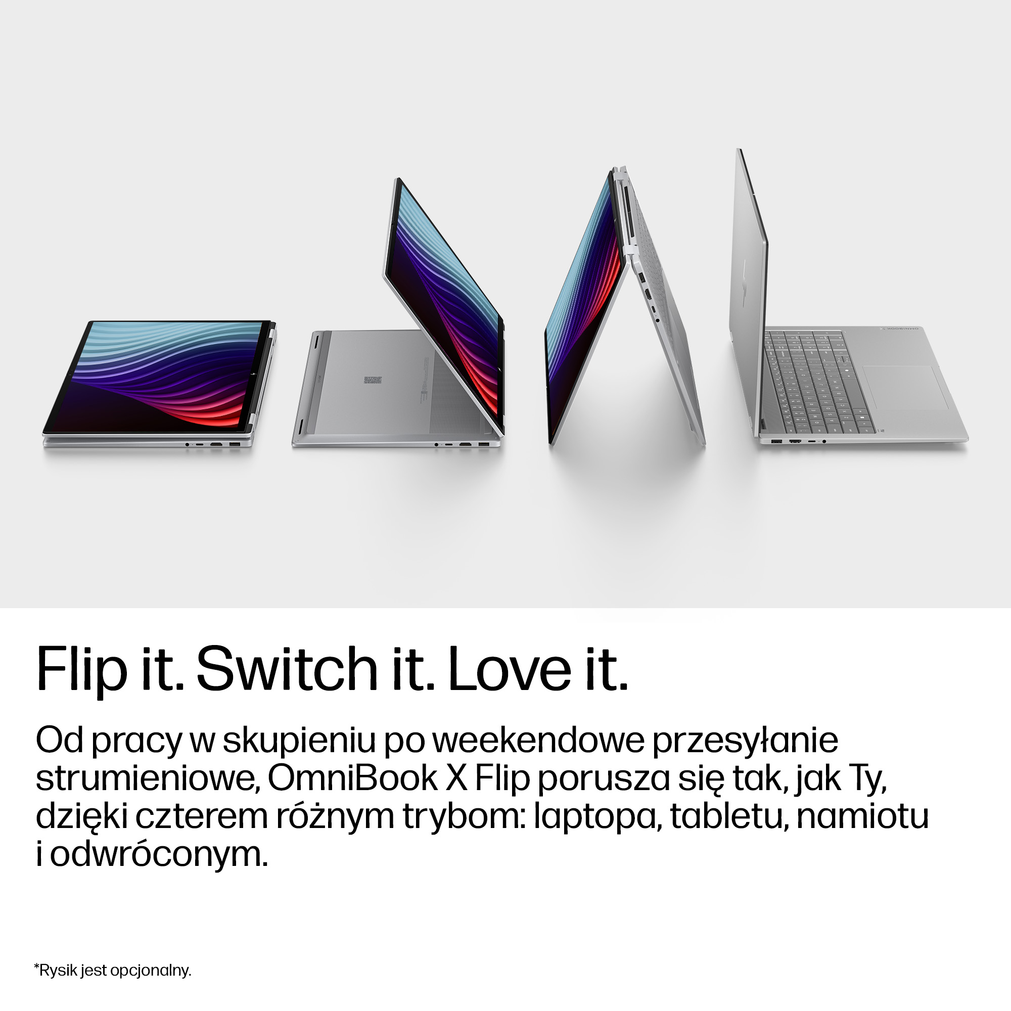 Cztery srebrne laptopy w różnych trybach: tablet, namiot, stojak i laptop na białym tle.