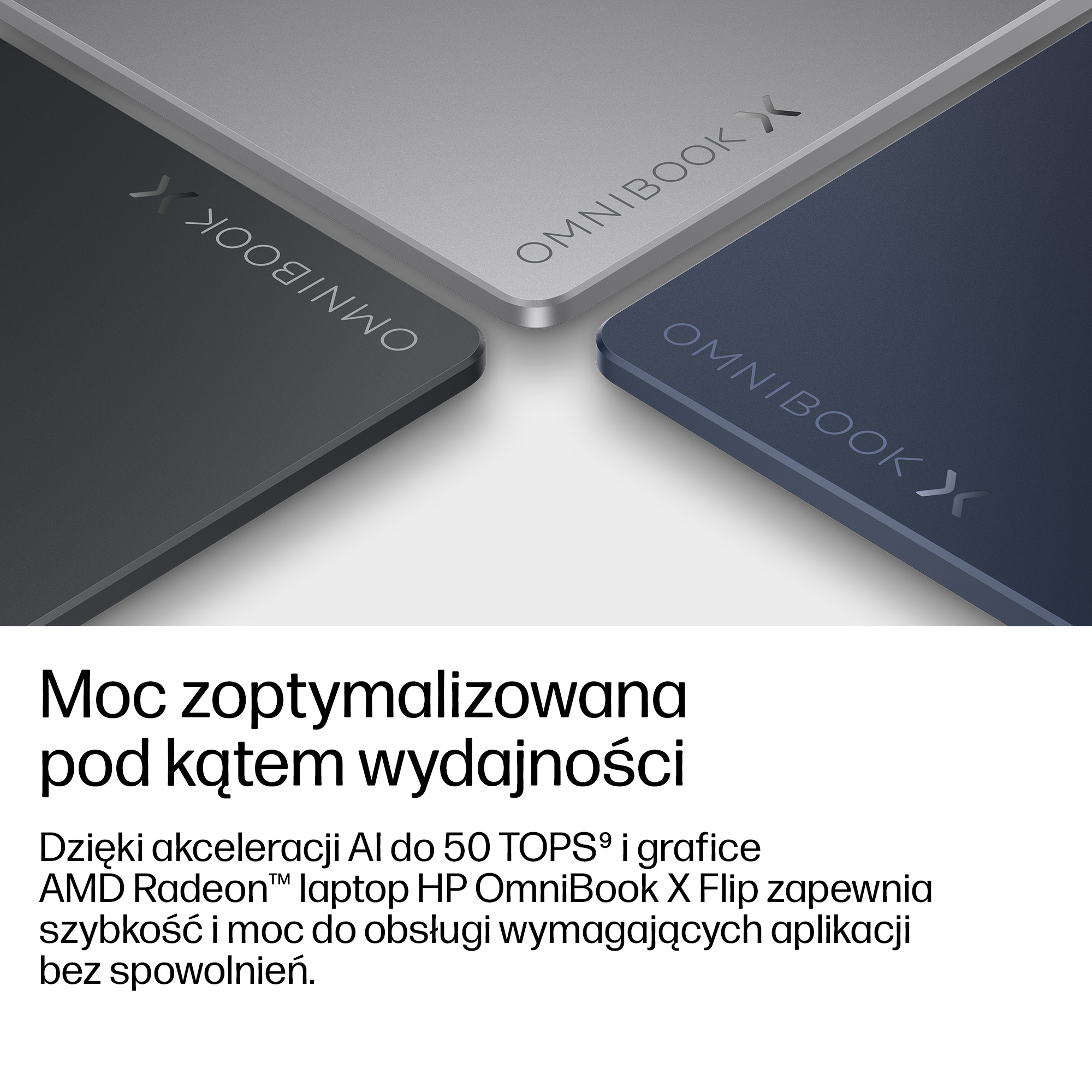 Trzy laptopy HP OmniBook w kolorze srebrnym, szarym i niebieskim z eleganckim wykończeniem i logo.