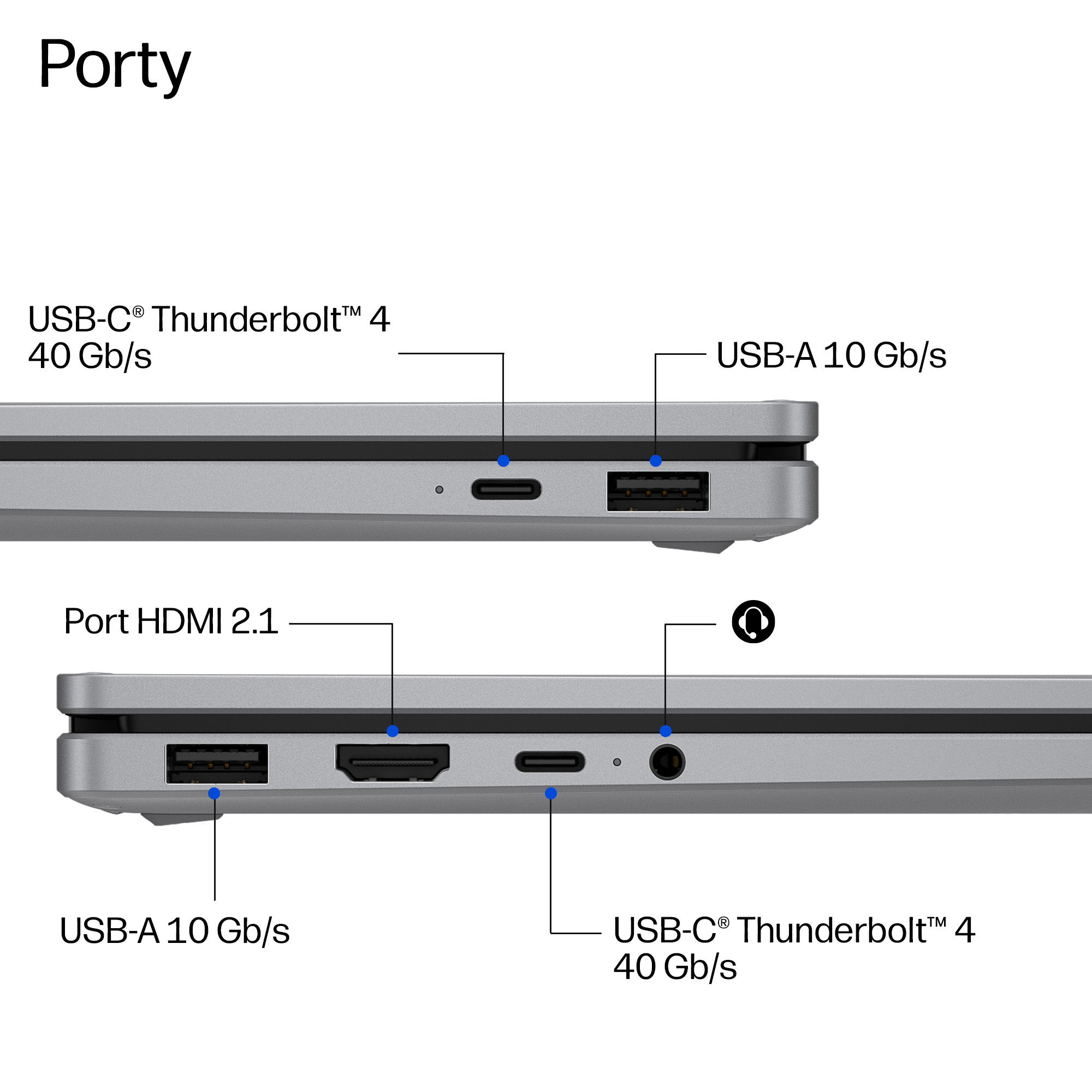 Widok z boku laptopa przedstawiający różne porty, w tym USB-C Thunderbolt 4, USB-A i HDMI.