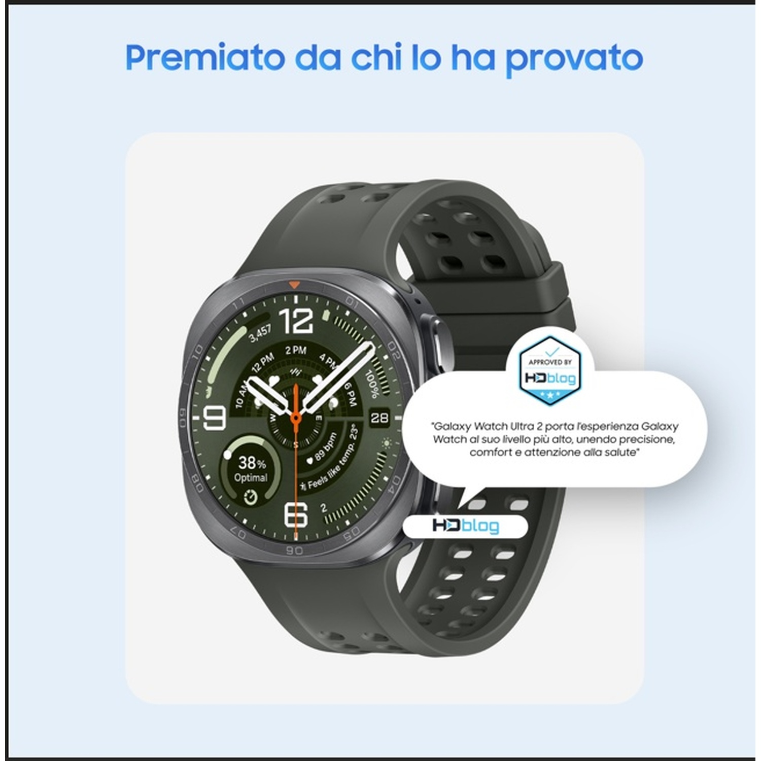 Un Galaxy Watch Ultra con quadrante e cinturino verdi, accompagnato da una recensione HDBlog.