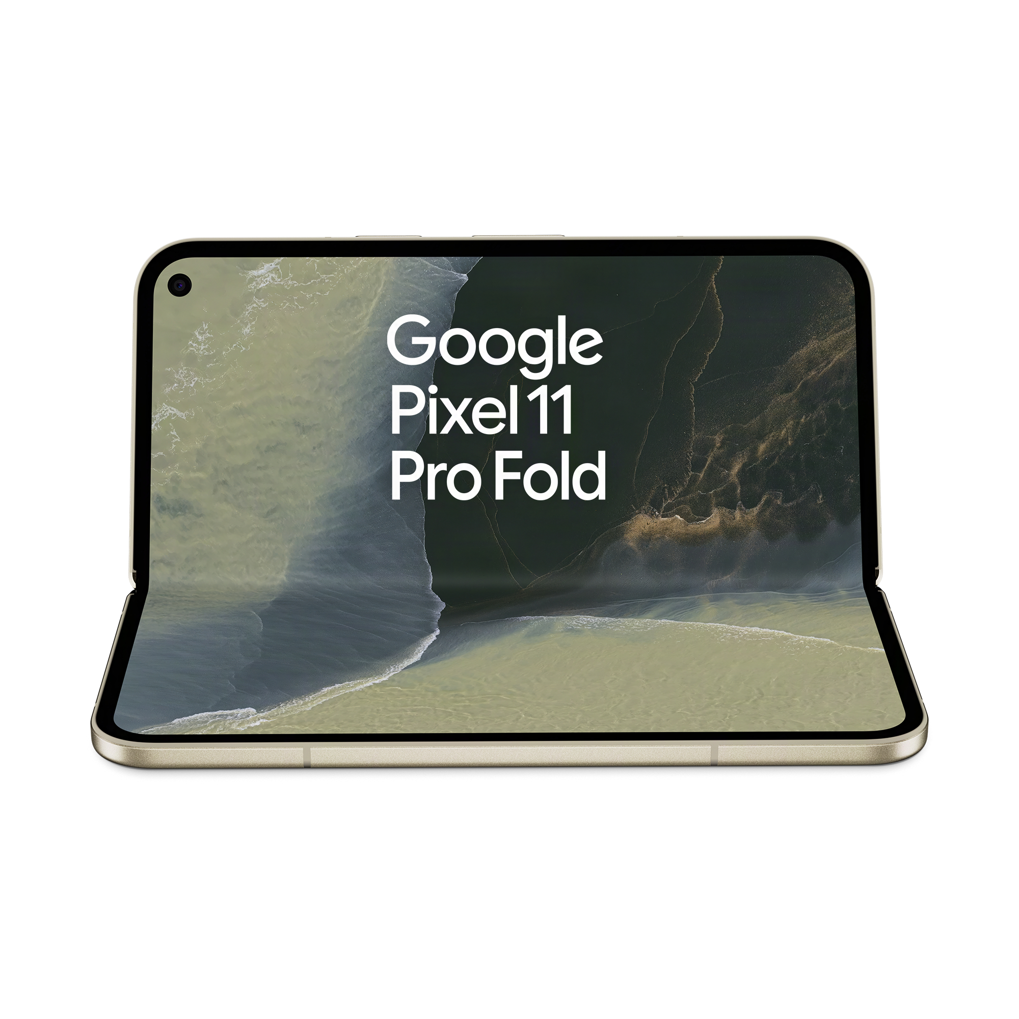Ein aufgeklapptes Google Pixel 11 Pro Fold Smartphone mit Wallpaper und Text auf dem Bildschirm.
