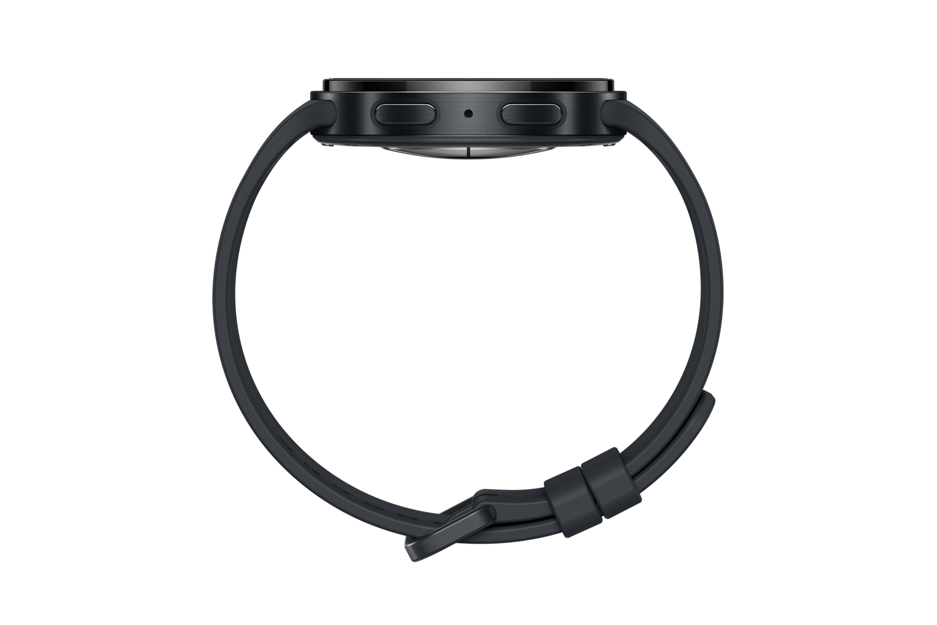 Schwarze Smartwatch in Seitenansicht mit zwei Tasten, Mikrofon und geschlossener Schlaufe vor schwarzem Hintergrund.