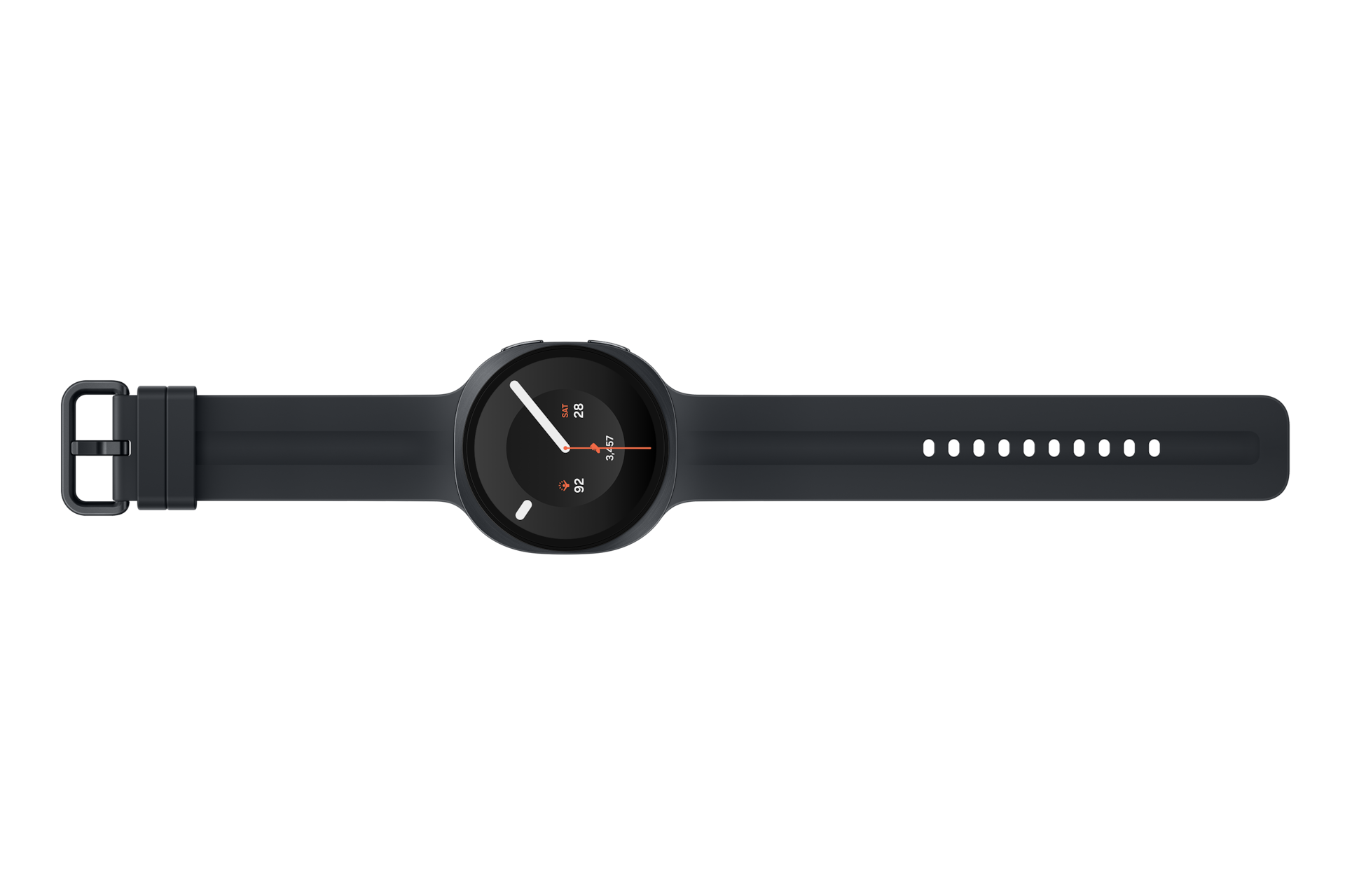 Eine schwarze Smartwatch mit rundem digitalen Zifferblatt und Silikonarmband vor schwarzem Hintergrund.