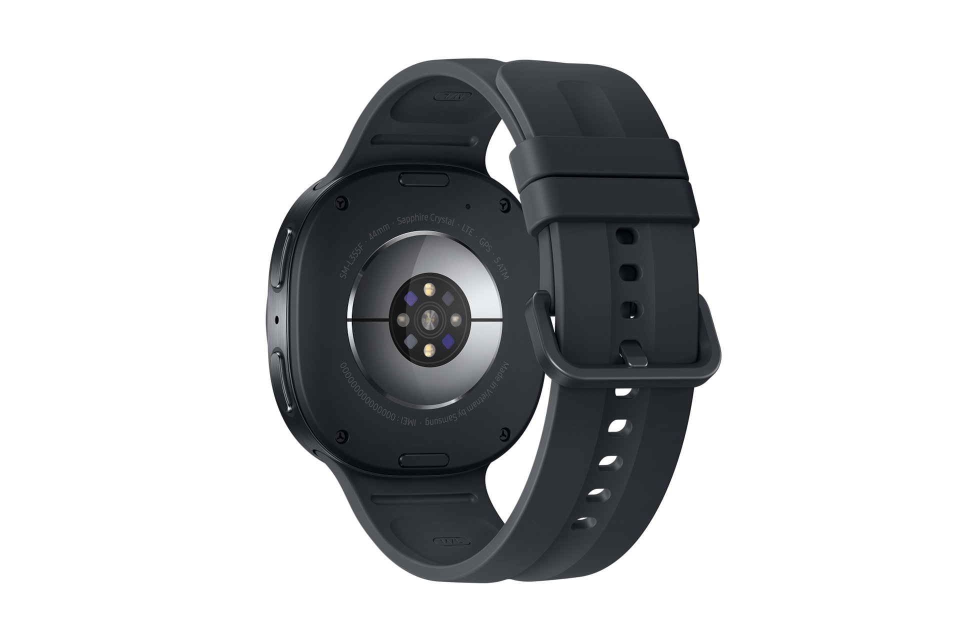 Rückseite einer schwarzen Smartwatch mit Sensor und Kautschukarmband auf schwarzem Hintergrund.