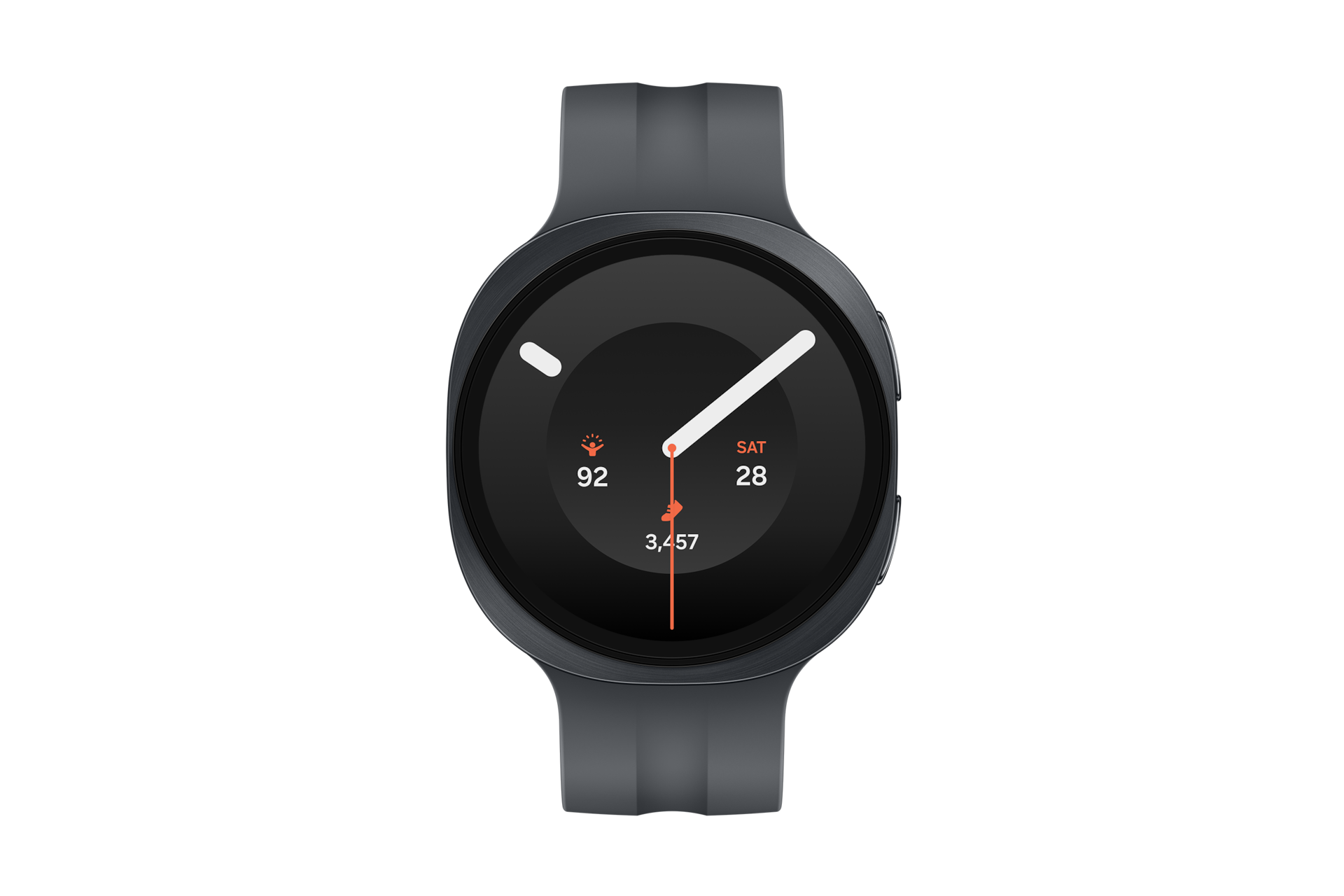 Eine schwarze Smartwatch mit rundem Display, das die Uhrzeit und Aktivitätsdaten anzeigt.