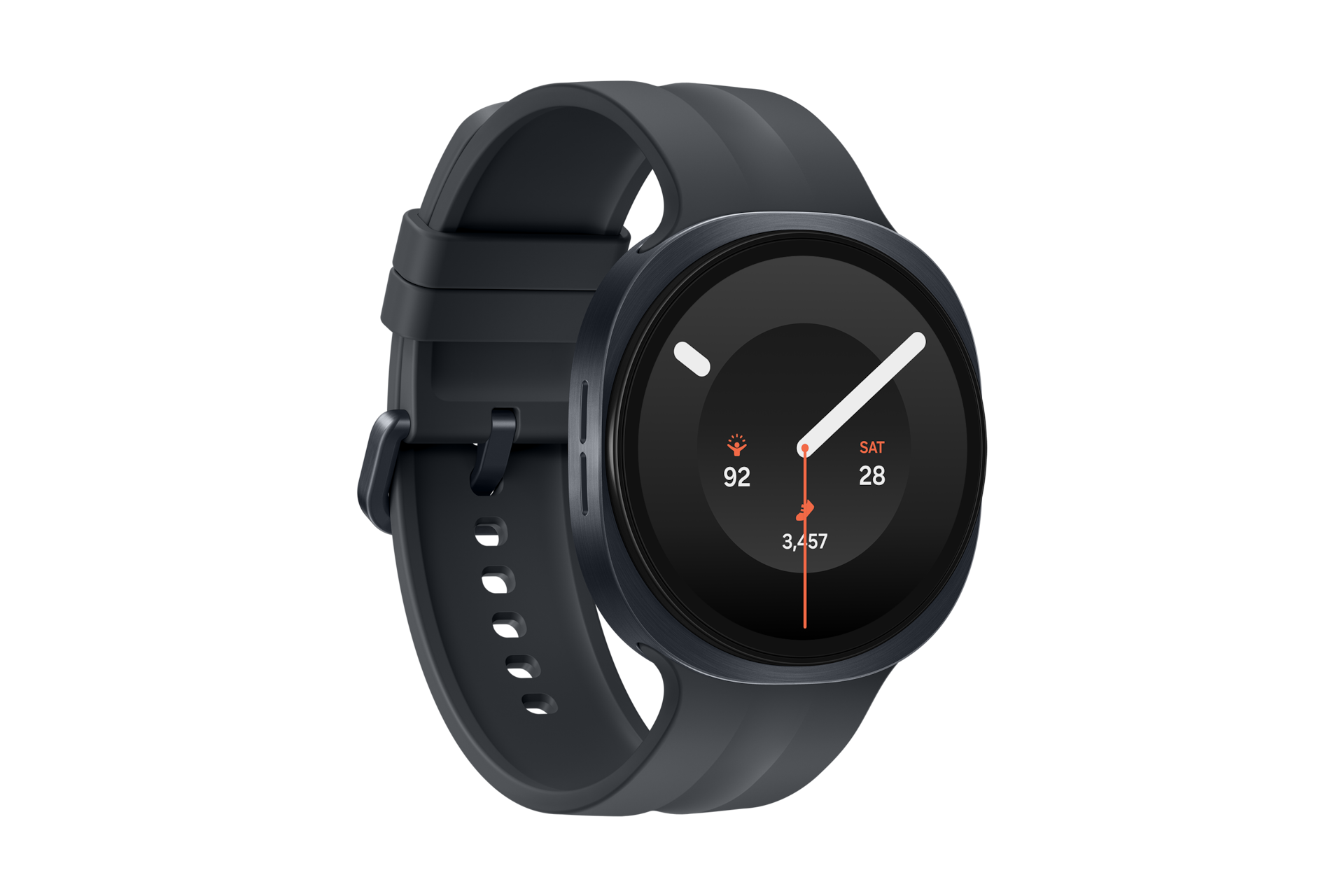 Eine schwarze Smartwatch mit rundem Zifferblatt und Silikonarmband vor schwarzem Hintergrund.