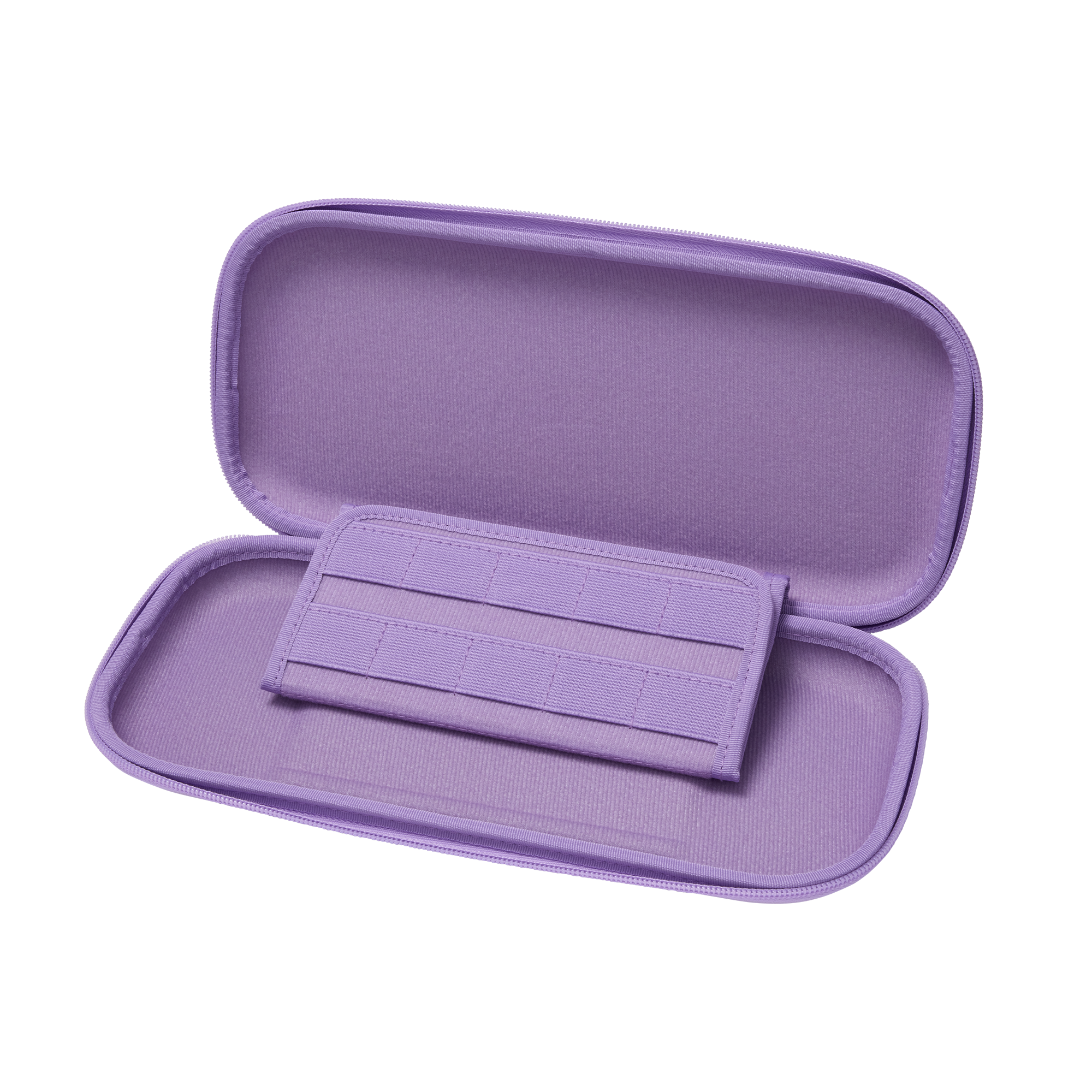 Ein geöffnetes hellviolettes Etui mit einer zentrierten Lasche mit elastischen Schlaufen vor schwarzem Hintergrund.