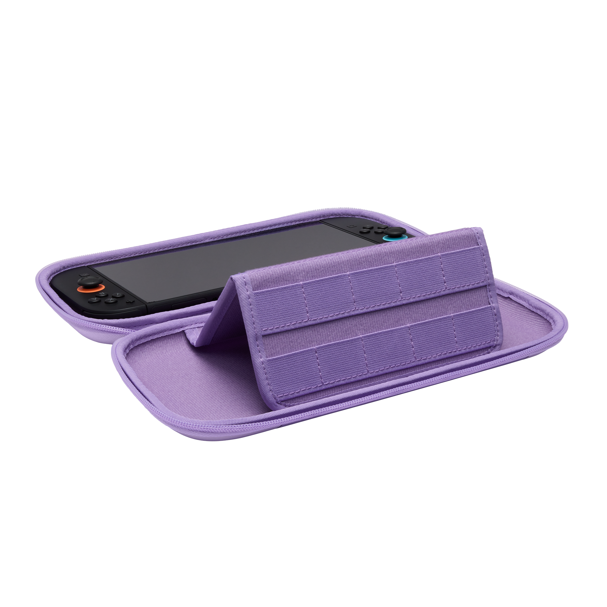 Lila Handheld-Spielekonsole in einer passenden lila Schutzhülle auf schwarzem Hintergrund.