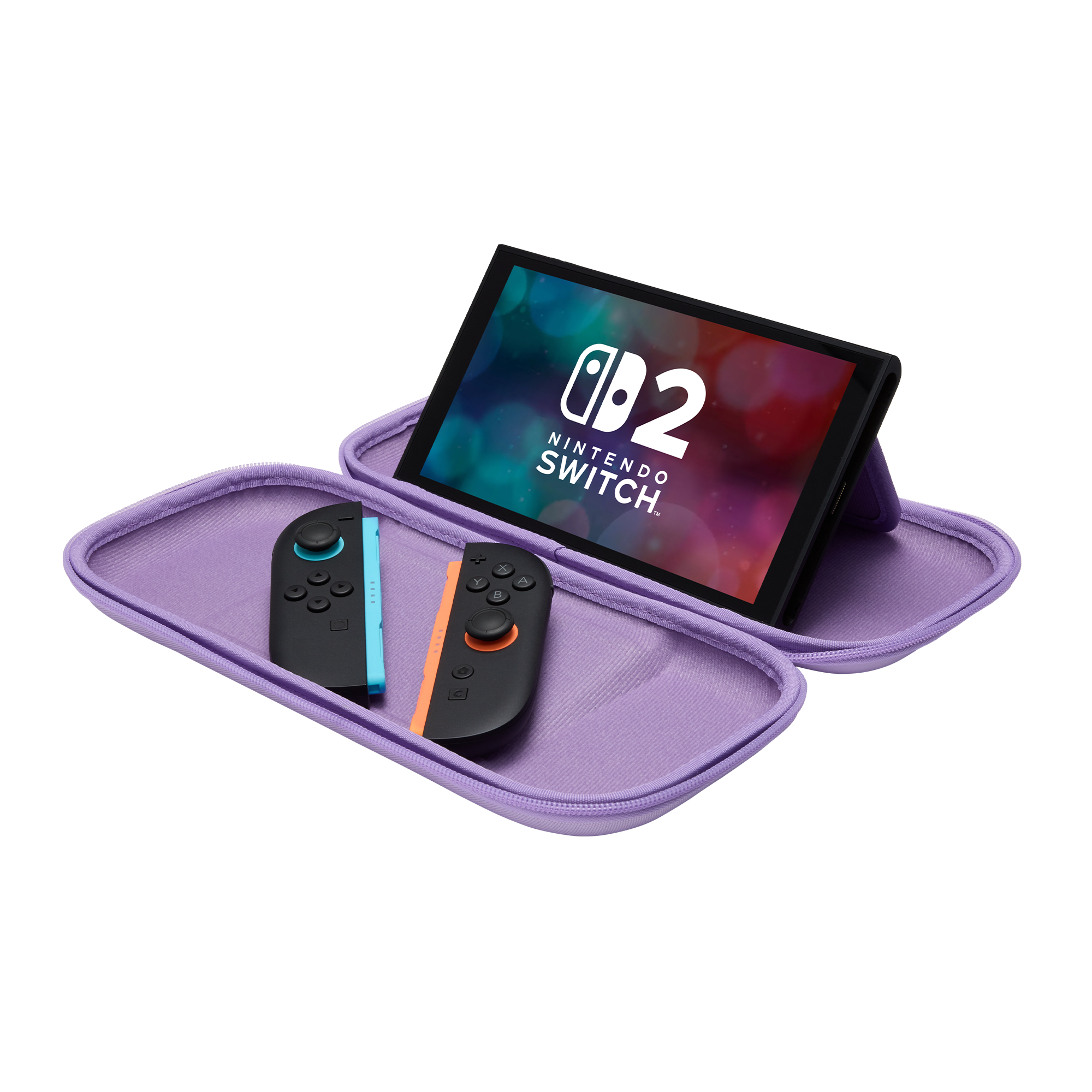 Eine Nintendo Switch Konsole in einem violetten Etui mit zwei abgenommenen Joy-Cons auf schwarzem Hintergrund.