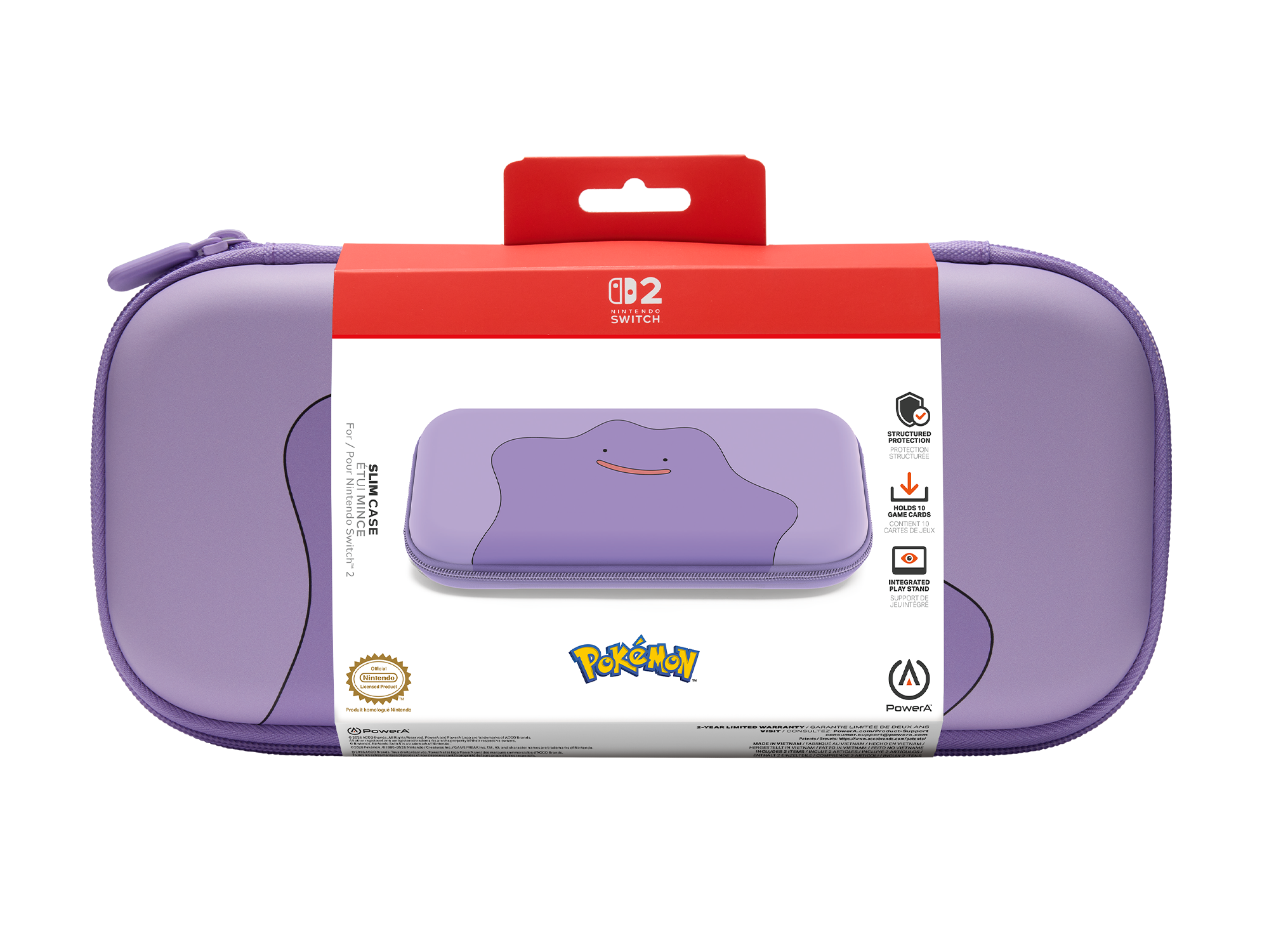 Eine lila Nintendo Switch Slim-Hülle mit einem Ditto-Design in einer rot-weißen Verpackung.