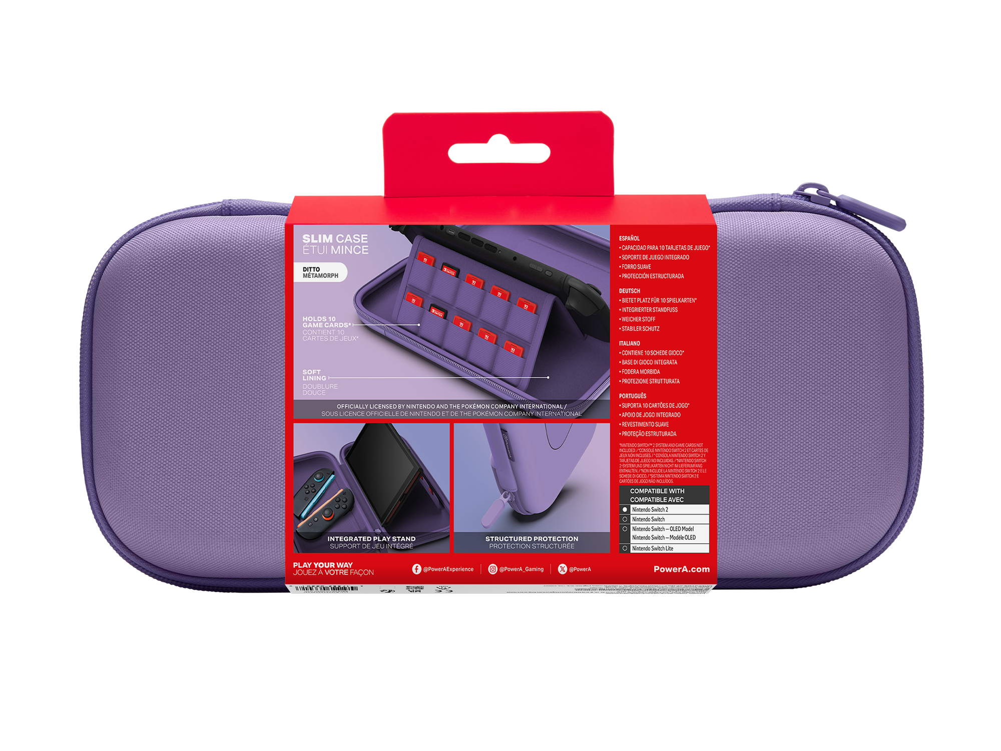 Ein lila Nintendo Switch Slim-Case in einer roten Produkthülle mit Produktdetails und Bildern.