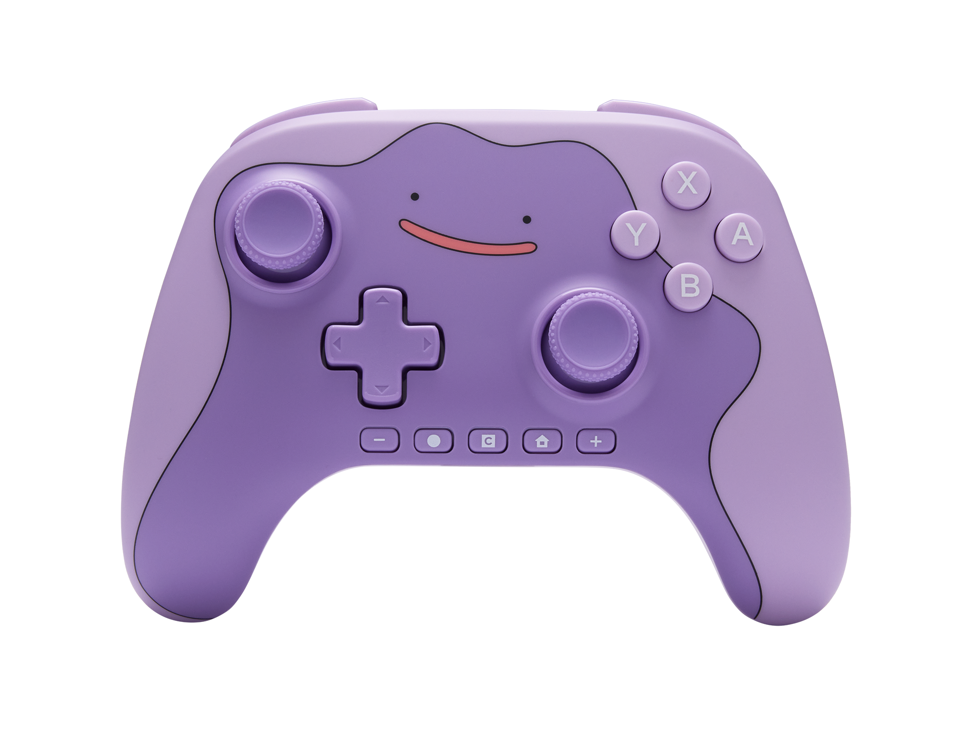 Lila Videospielcontroller mit Ditto-Gesicht, Joysticks und ABXY-Tasten auf schwarzem Hintergrund.