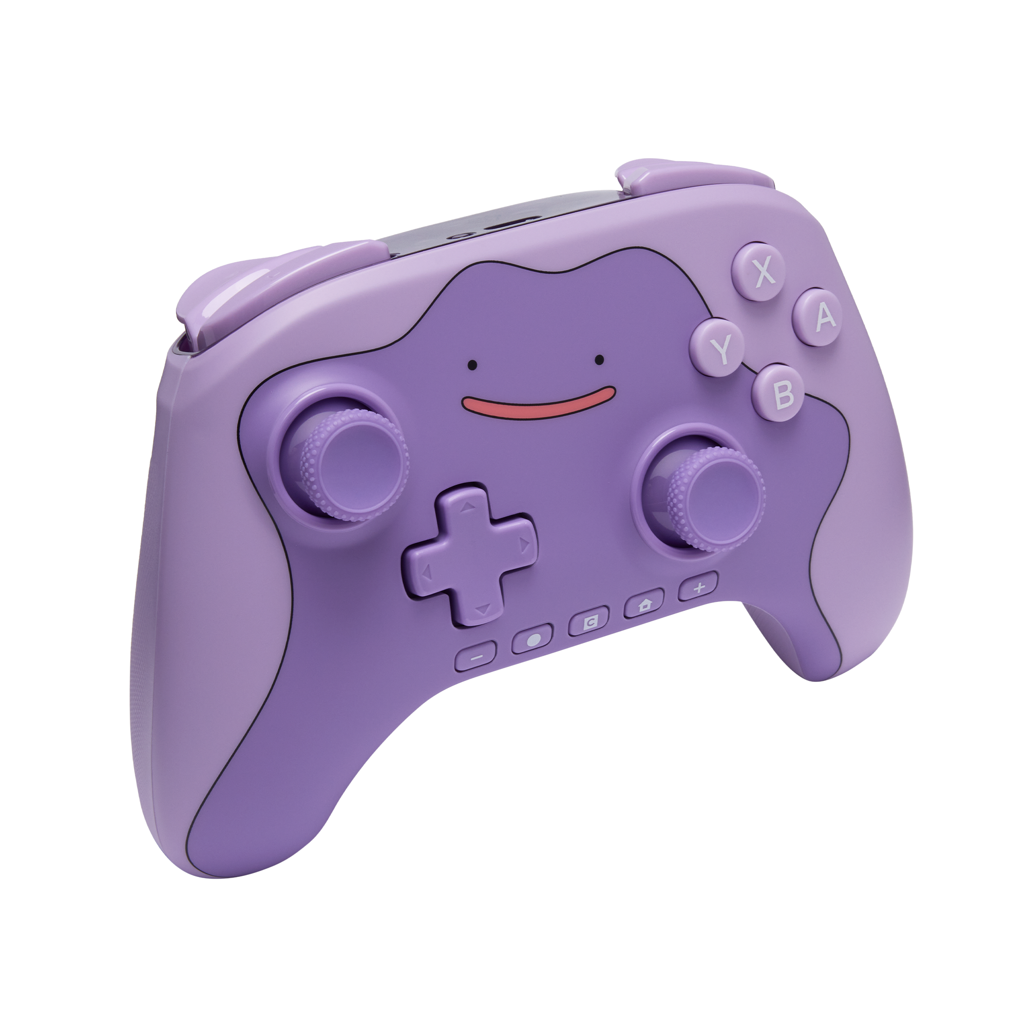 Ein lila Videospielcontroller mit Ditto-Gesicht, Analogsticks und Tasten vor schwarzem Hintergrund.