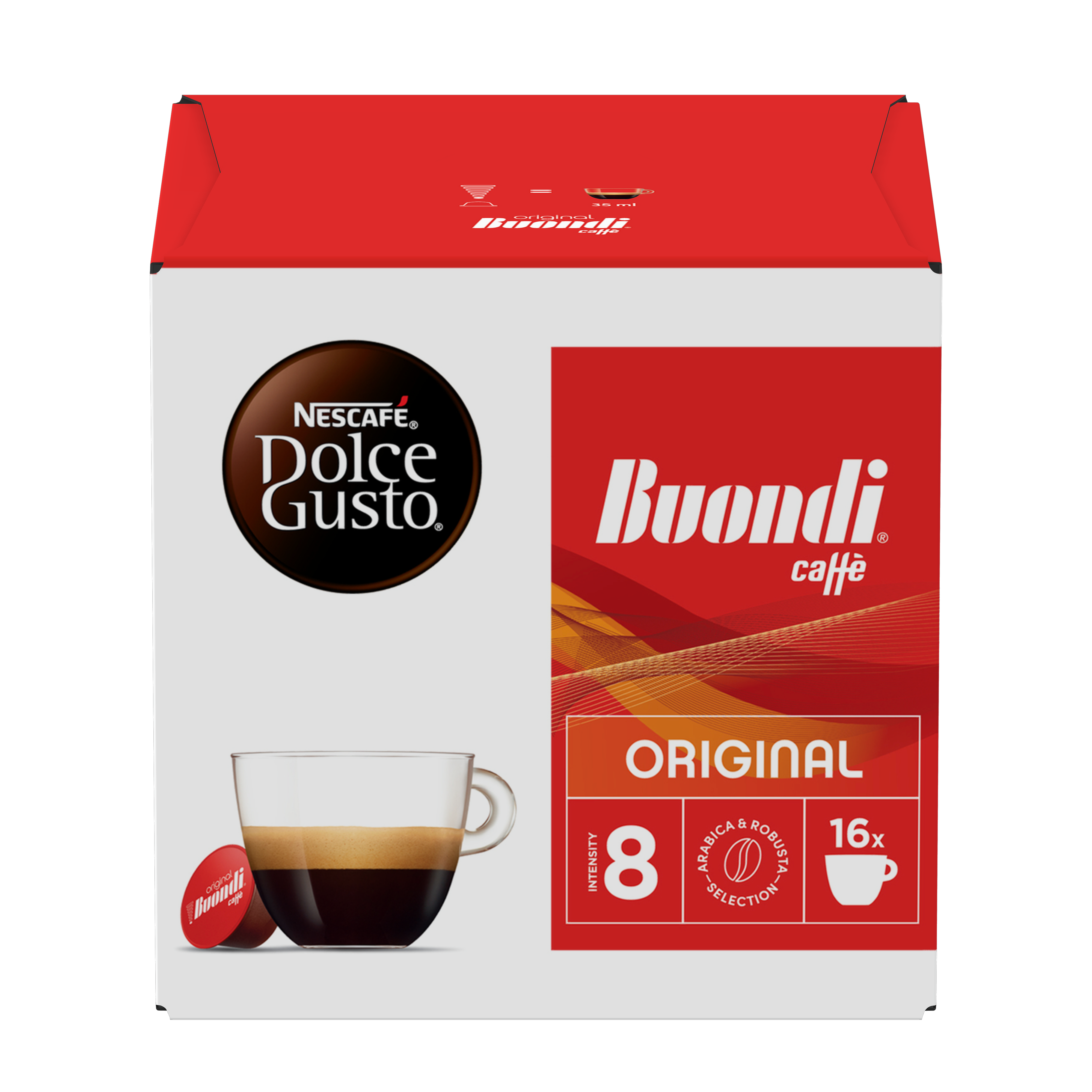 Scatola di capsule di caffè Nescafe Dolce Gusto Buondi Caffe rossa e bianca con tazza e capsula.