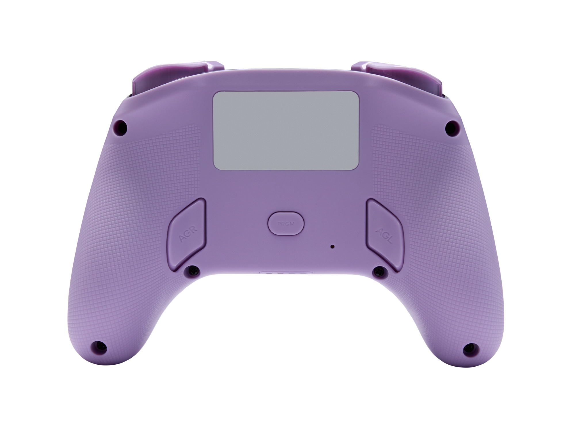 Rückseite eines violetten Gamecontrollers mit strukturierten Griffen, zwei Rücktasten und einem grauen Display.