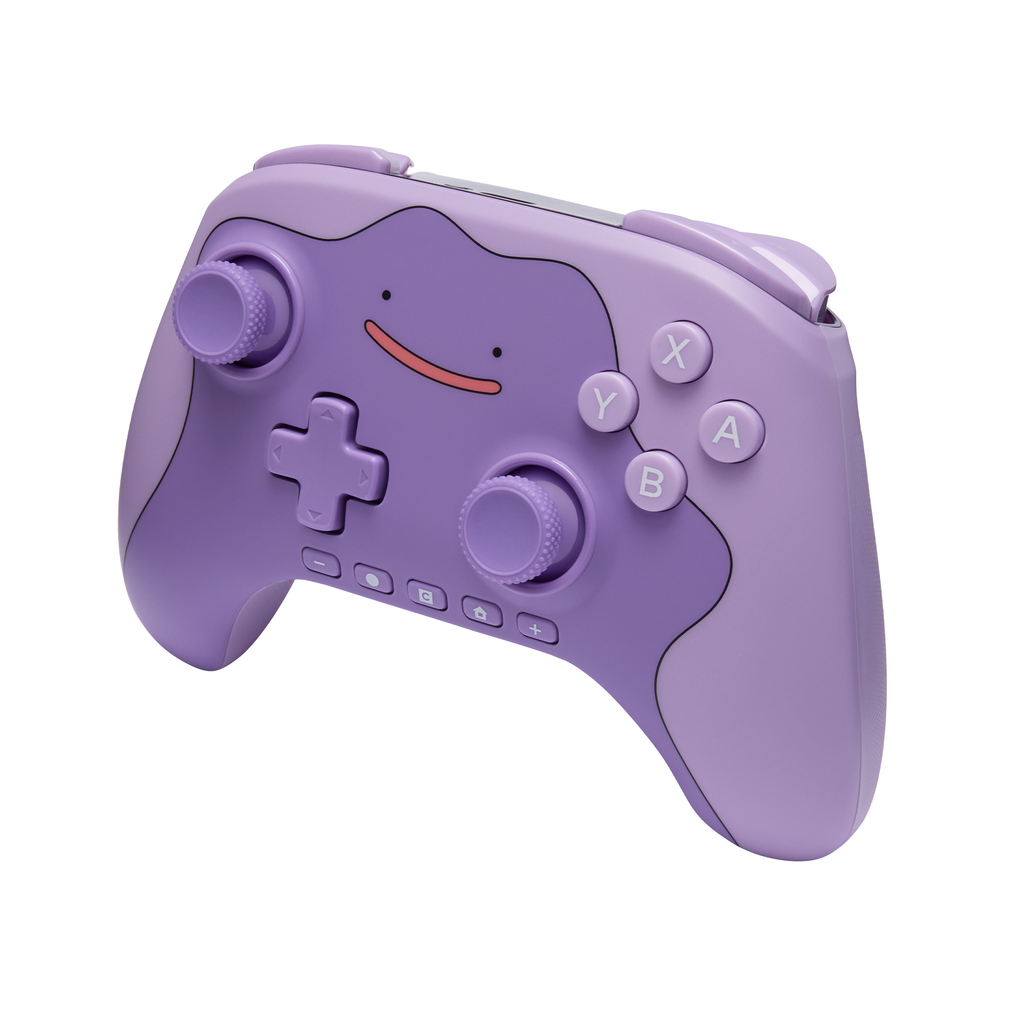Lila Videospiel-Controller im Ditto-Design mit zwei Analog-Sticks, einem D-Pad und den Tasten X, Y, A, B vor schwarzem Hintergrund.