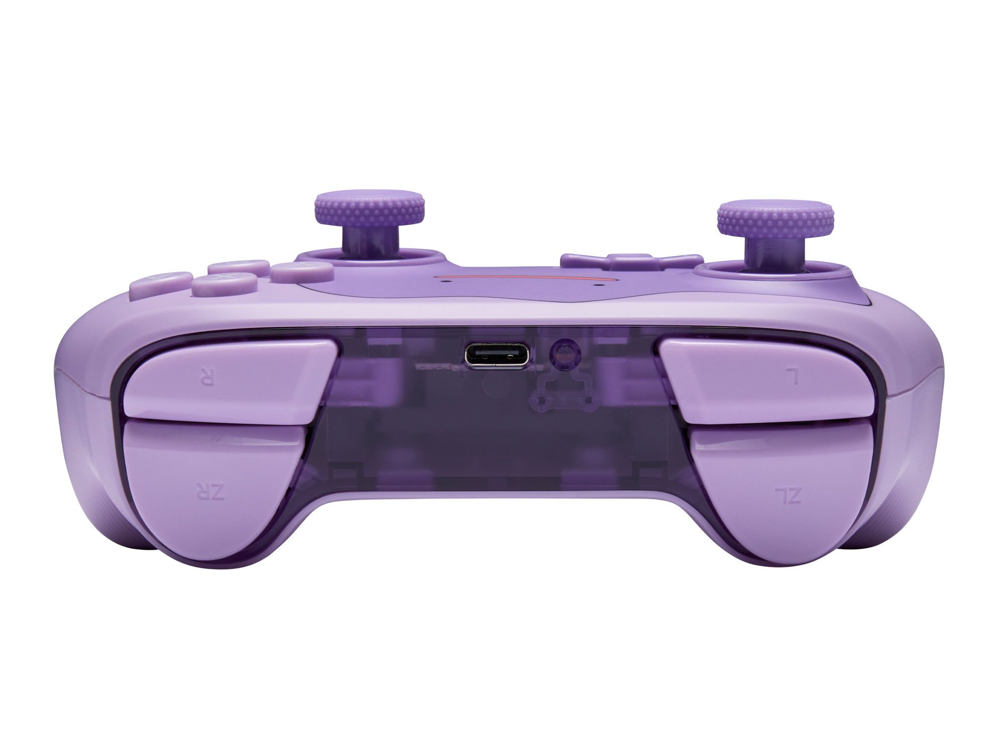 Ein hellvioletter Gaming-Controller mit USB-C-Anschluss, Joysticks und Schultertasten vor schwarzem Hintergrund.