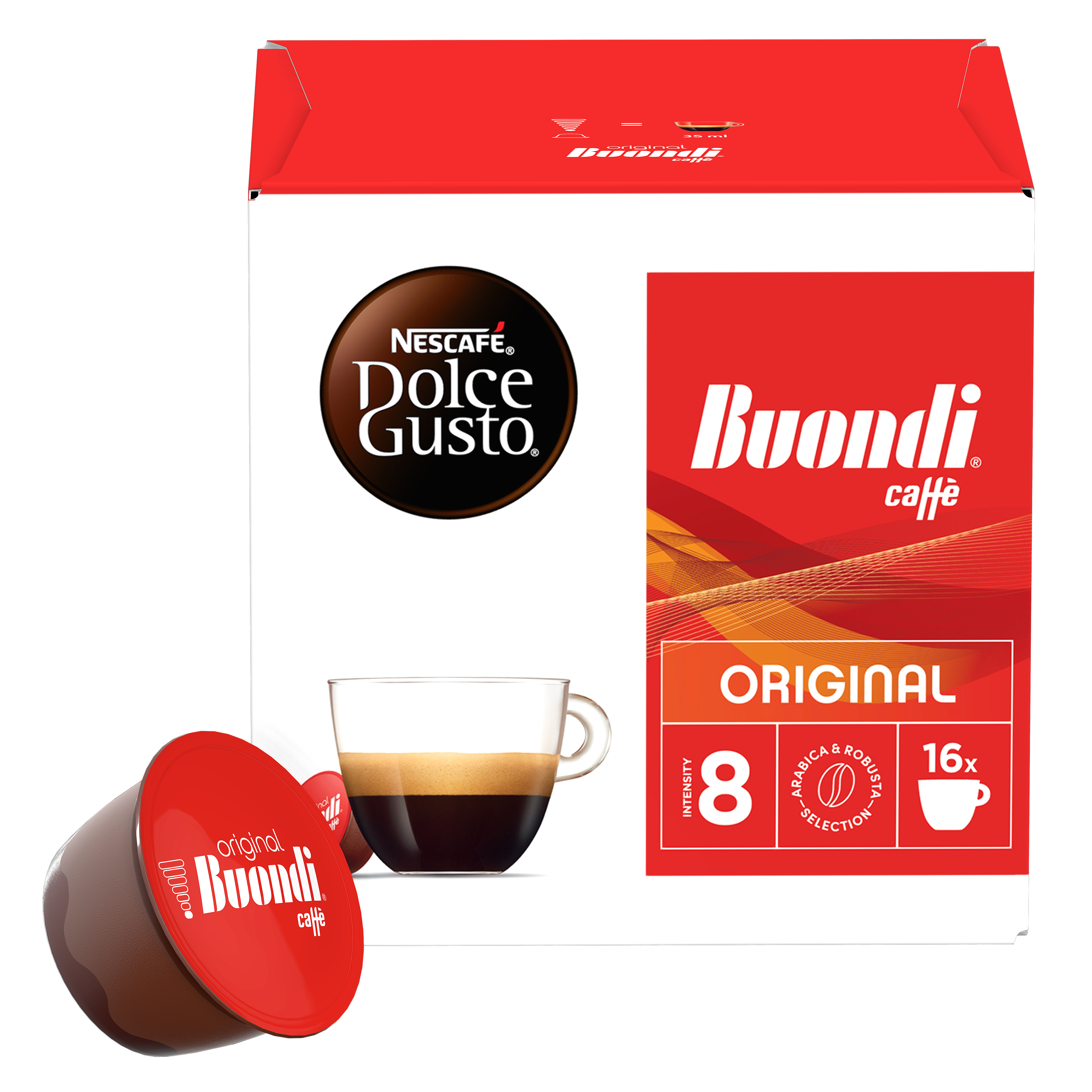 Una confezione di capsule di caffè Nescafé Dolce Gusto Buondi Caffe con una capsula in primo piano.