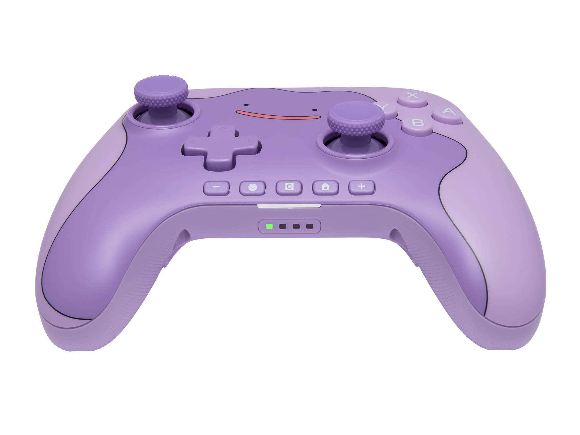 Lila Videospielcontroller mit Ditto-Gesicht, Analogsticks, D-Pad und Aktionstasten vor schwarzem Hintergrund.