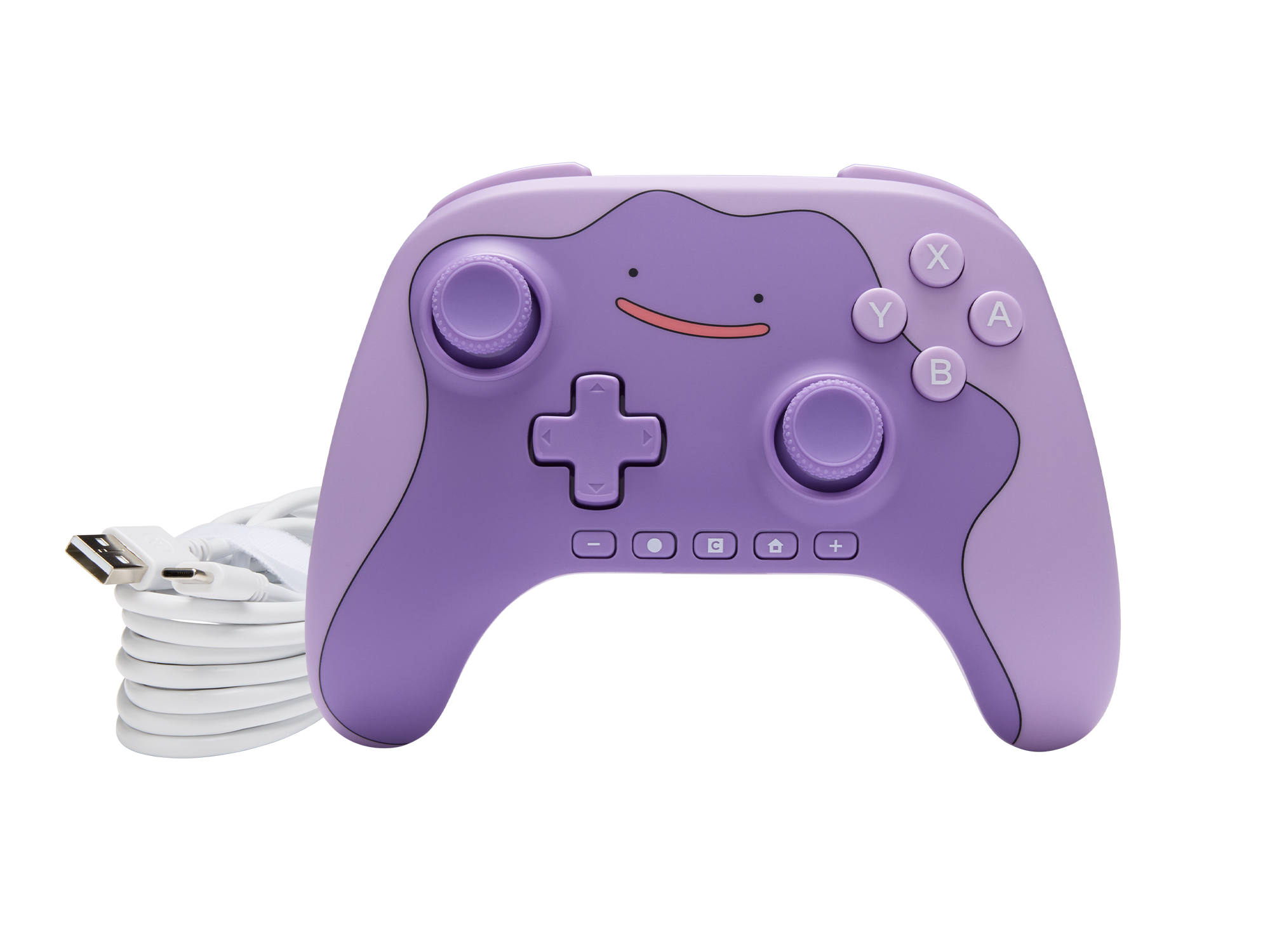 Ein lila Ditto-Gaming-Controller mit einem weißen USB-Kabel links auf schwarzem Hintergrund.