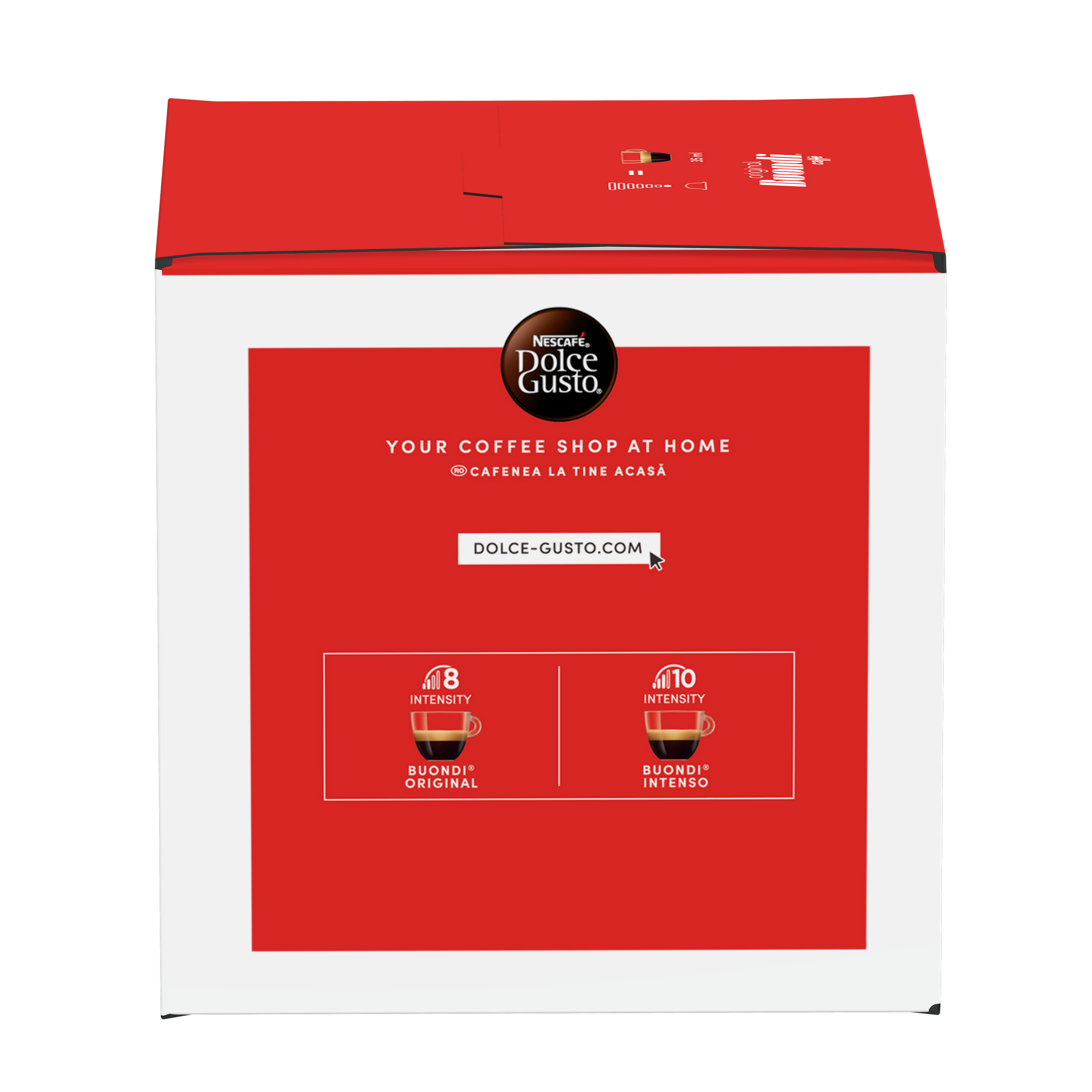 Scatola di capsule di caffè Nescafé Dolce Gusto Buondi rossa e bianca con intensità 8 e 10.