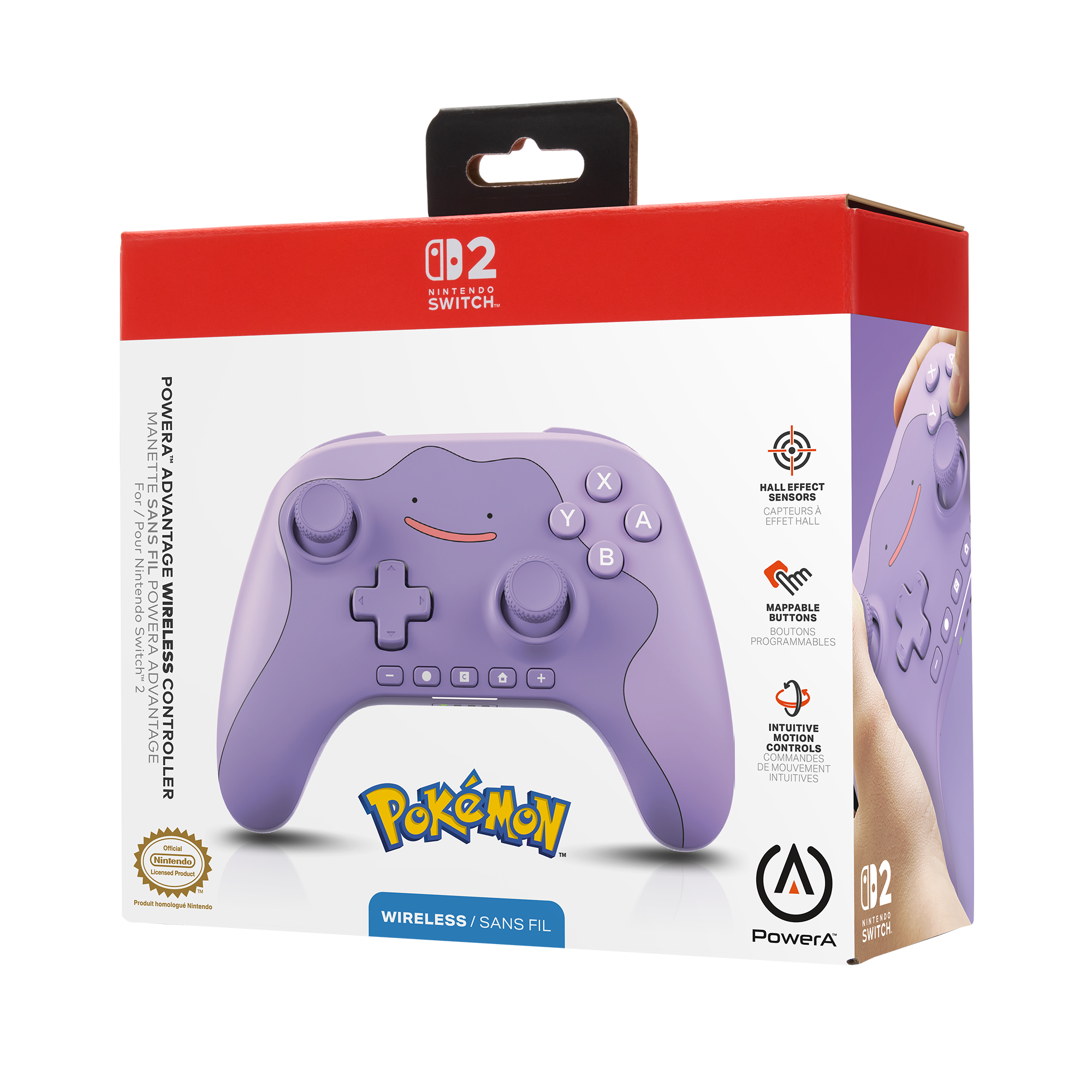 PowerA Wireless-Controller für Nintendo Switch mit einem lila Pokémon Ditto-Design in der Verpackung.