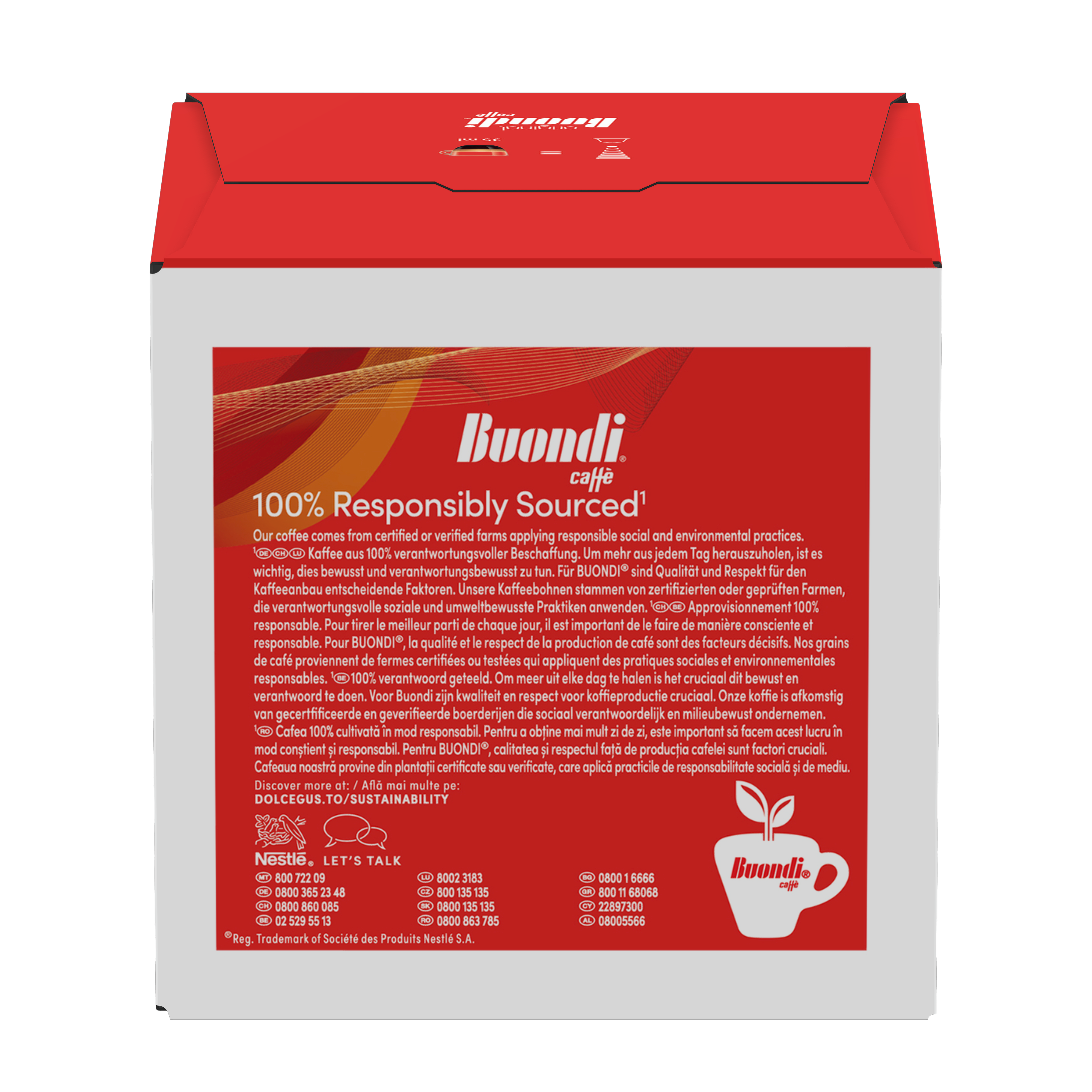 Retro di una confezione di capsule di caffè Buondi rossa con testo sulla sostenibilità.