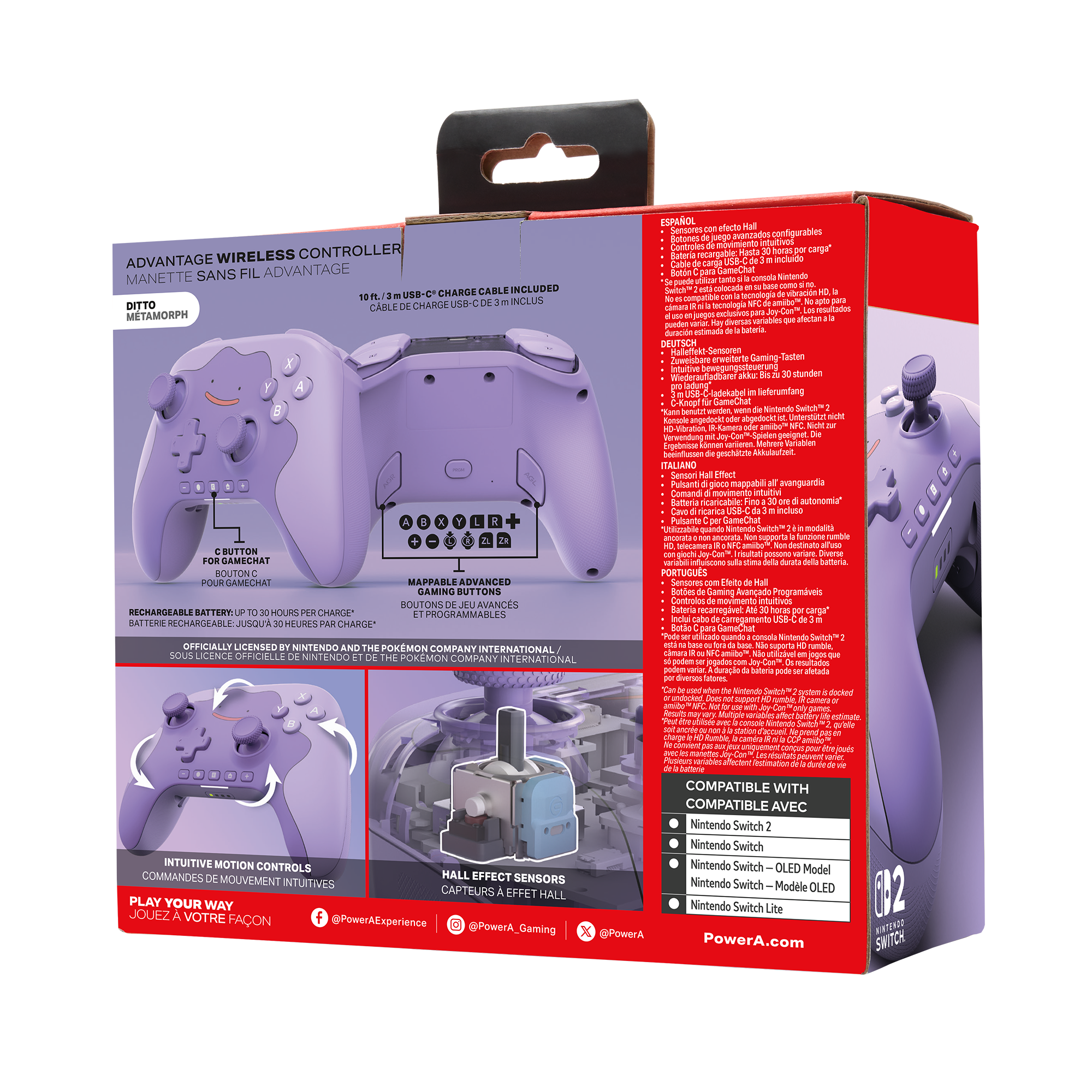 Rückseite der Verpackung eines violetten Nintendo Switch Advantage Wireless Controllers mit Ditto-Design.