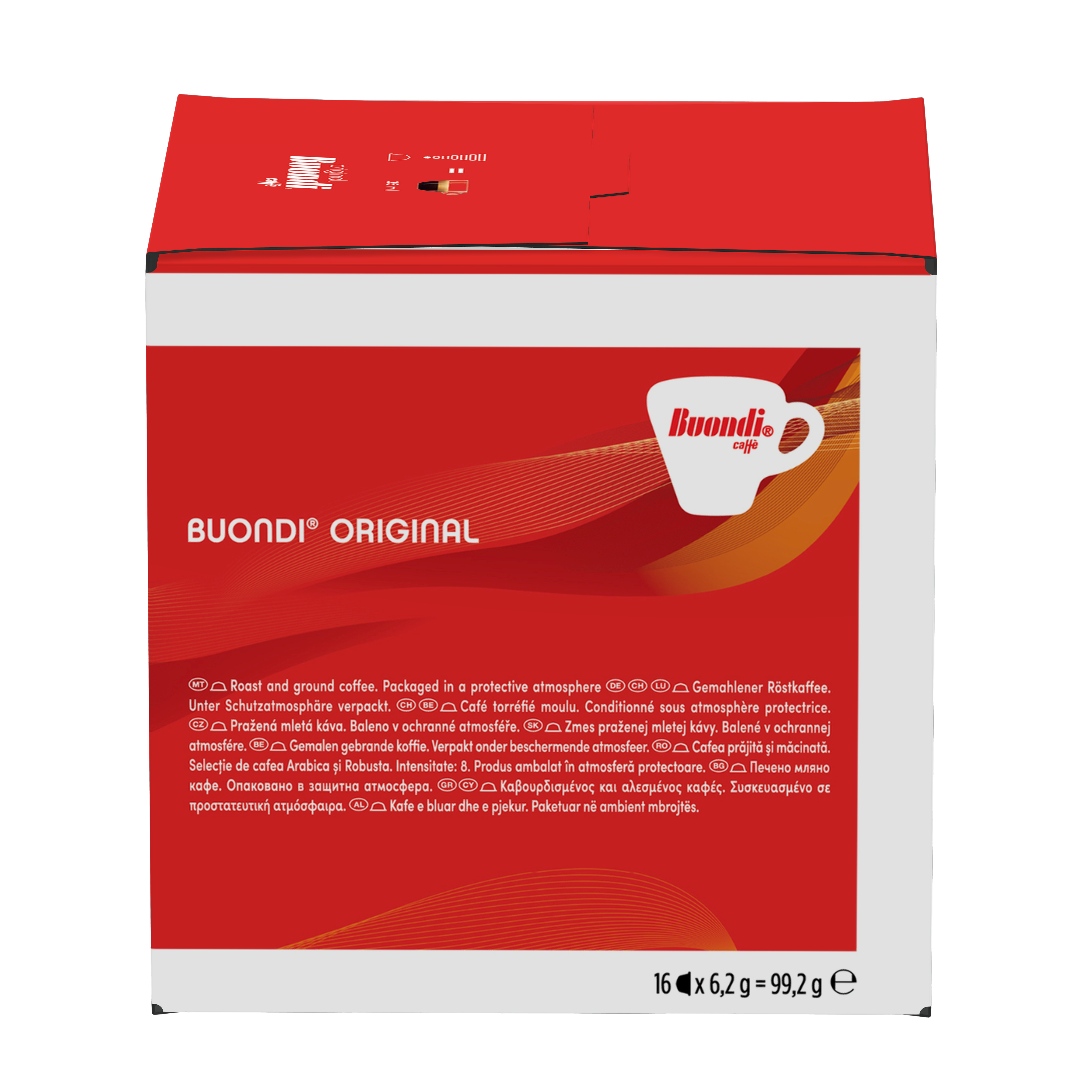Confezione di caffè Buondi Original rossa e bianca con testo e logo della tazza.