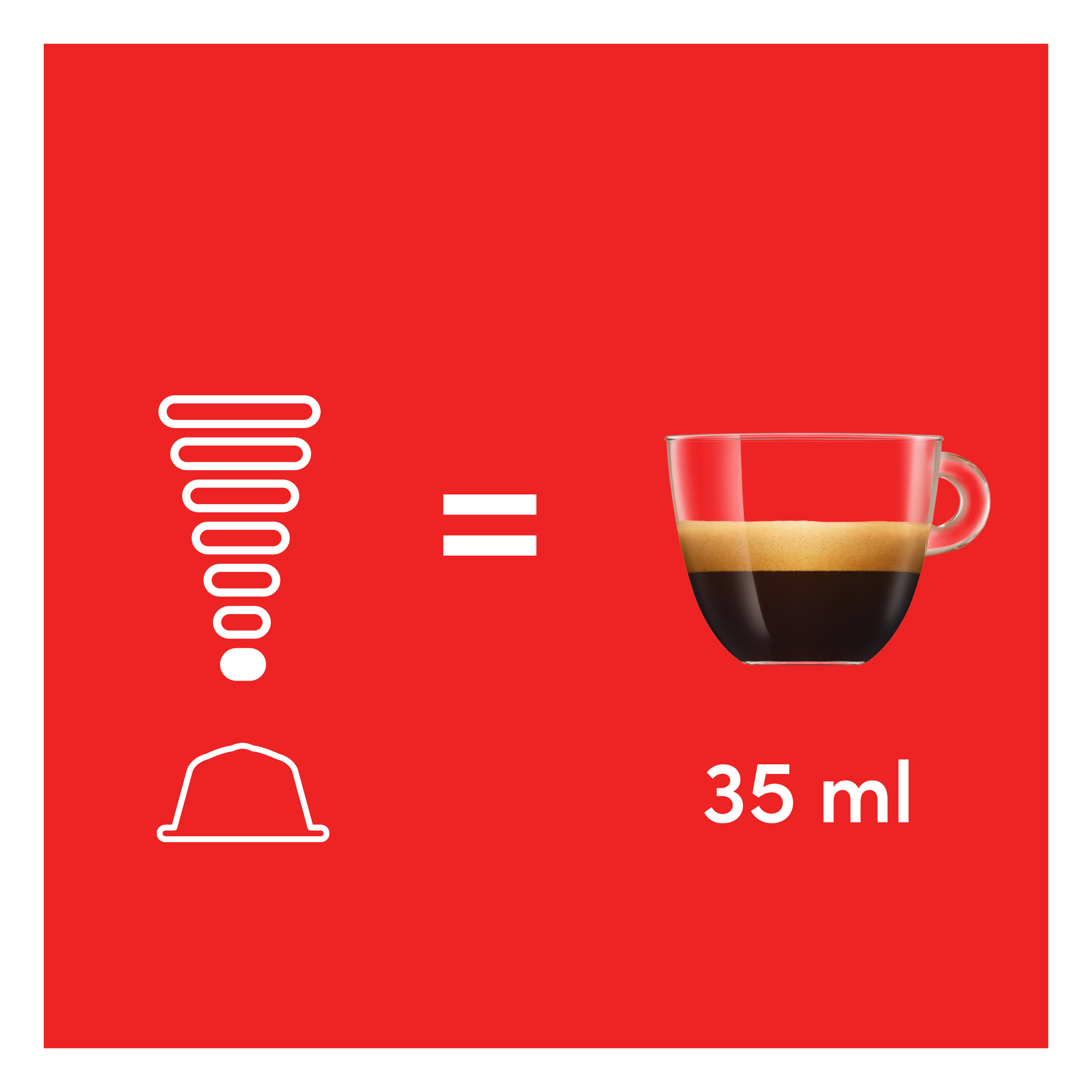 Sfondo rosso con icona capsula di caffè che mostra 35 ml di espresso in tazza.