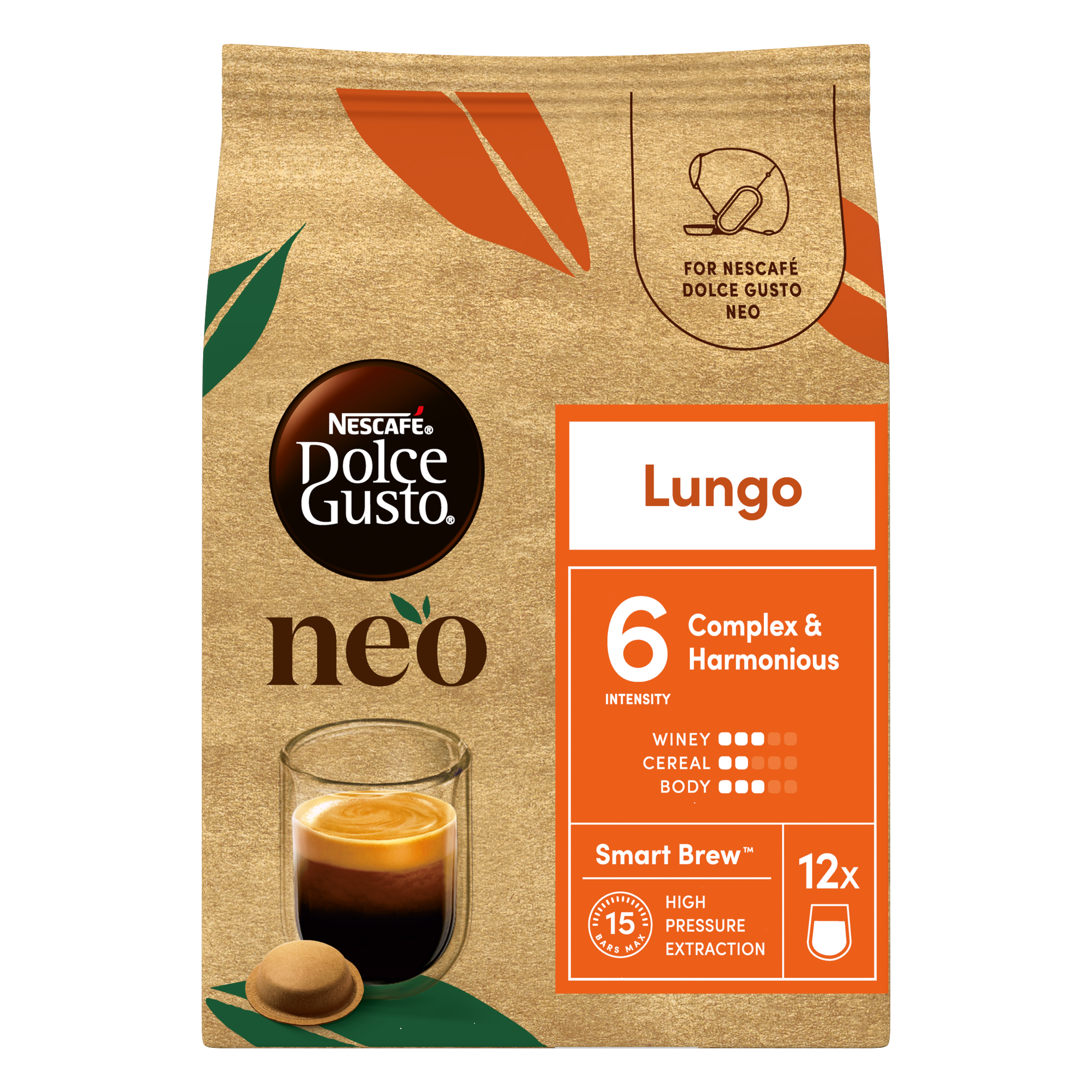 Goldfarbene Kaffeeverpackung für Dolce Gusto Neo Lungo, Stärke 6, mit Kaffeeglas und Kapsel.