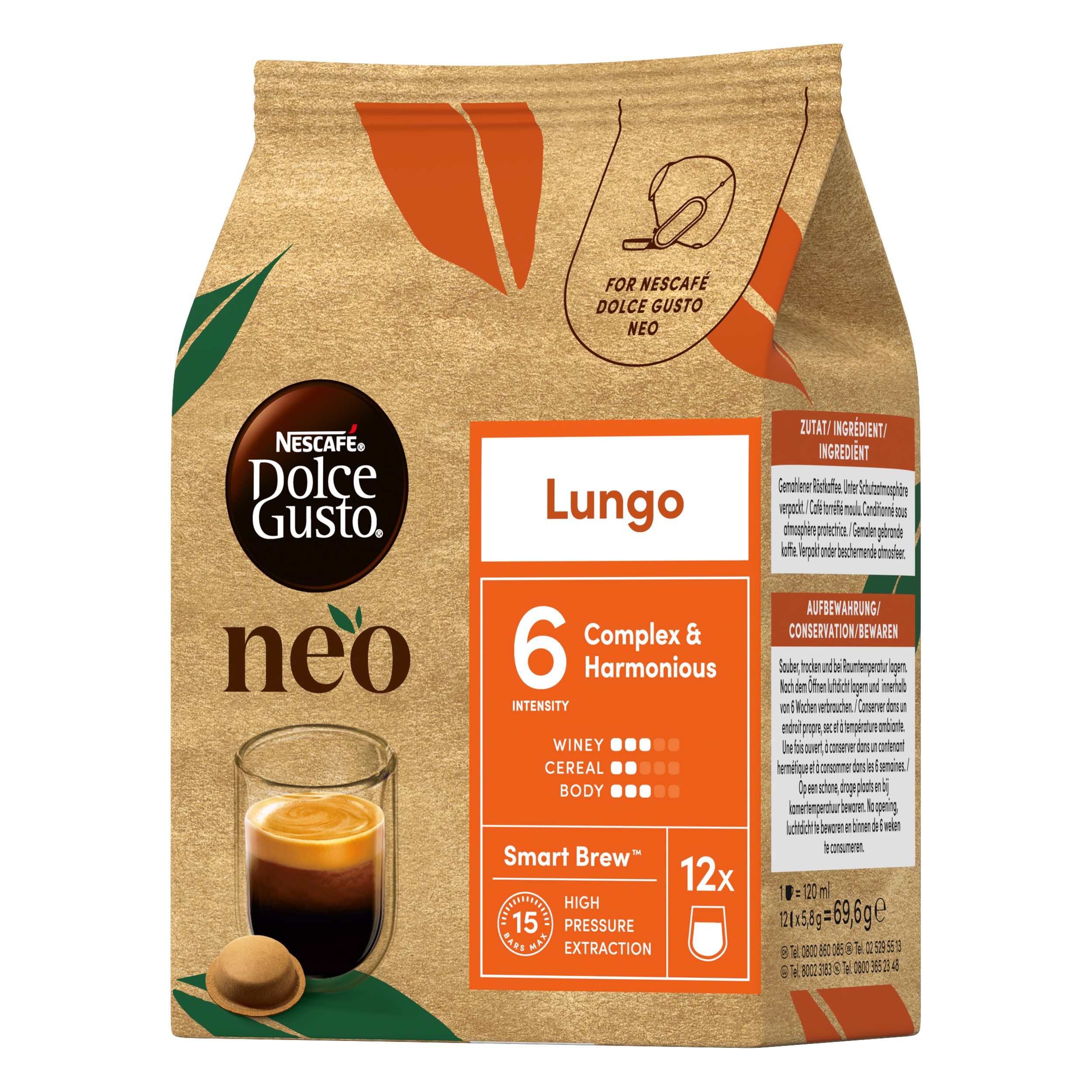 Goldfarbene Kaffeeverpackung von Dolce Gusto Neo Lungo, Intensität 6, mit Espressoglas und Kapsel unten links.
