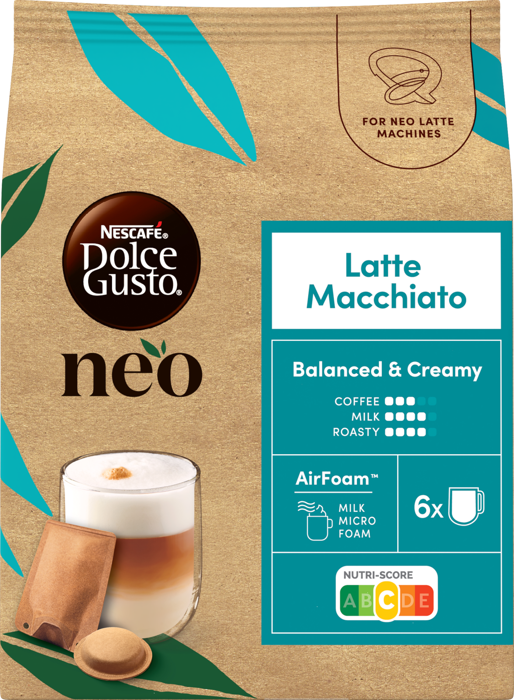 Nescafé Dolce Gusto Neo Latte Macchiato Beutel mit Milchkaffee-Glas, Kapsel und grünen Blattelementen.